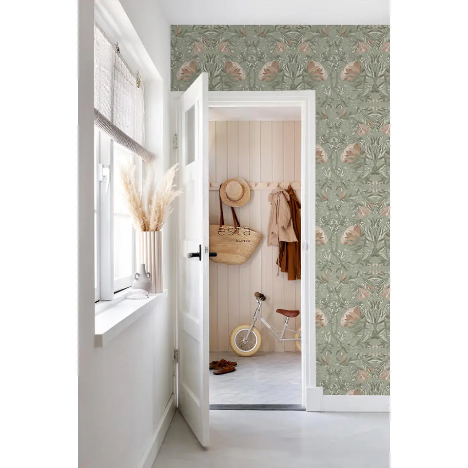 ESTAhome behang vintage bloemen in art nouveau stijl vergrijsd groen en oudroze