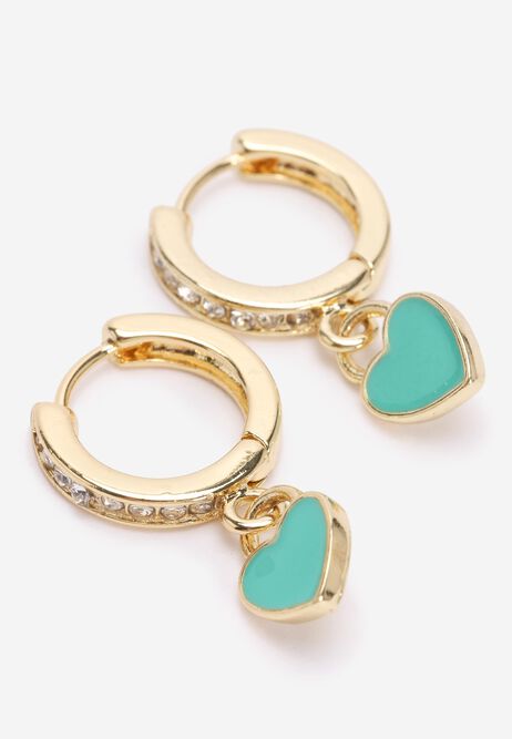 Womens Gold & Green Mini Diamonte Heart Hoop Earrings