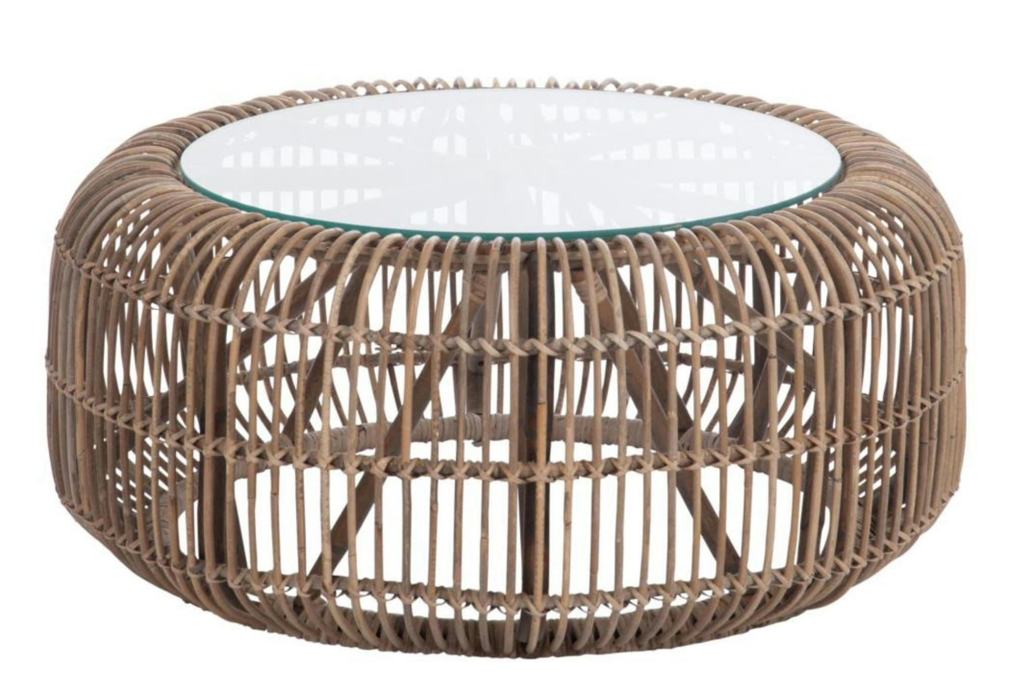 FARO - Table basse ronde en rotin naturel et verre D85