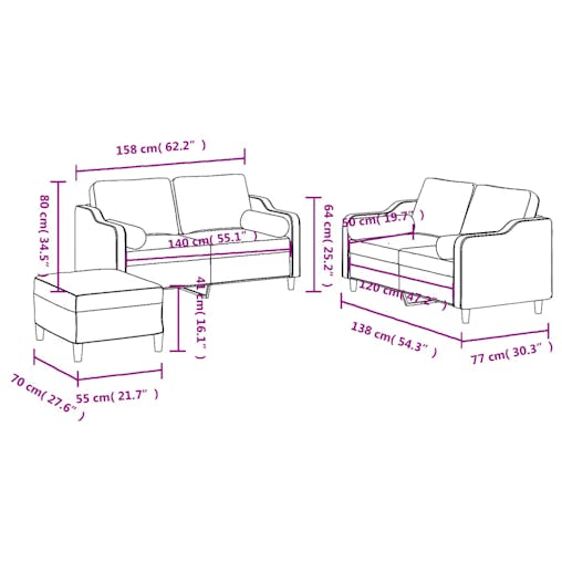 NNEVL 3 Piece Sofa Set with Pillows Black Fabric