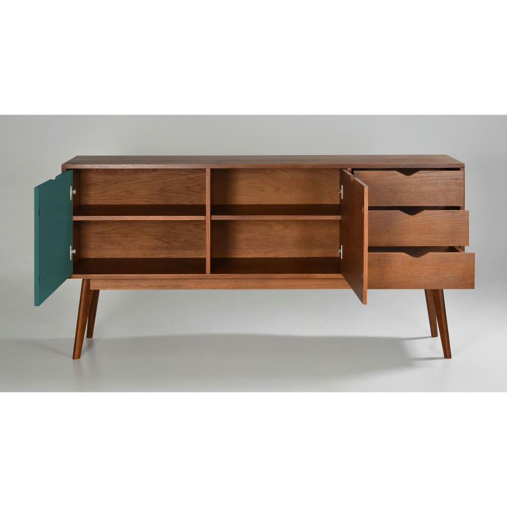 STRÖM - Buffet design 2 portes 3 tiroirs teinté noyer L170 cm porte vert eucal