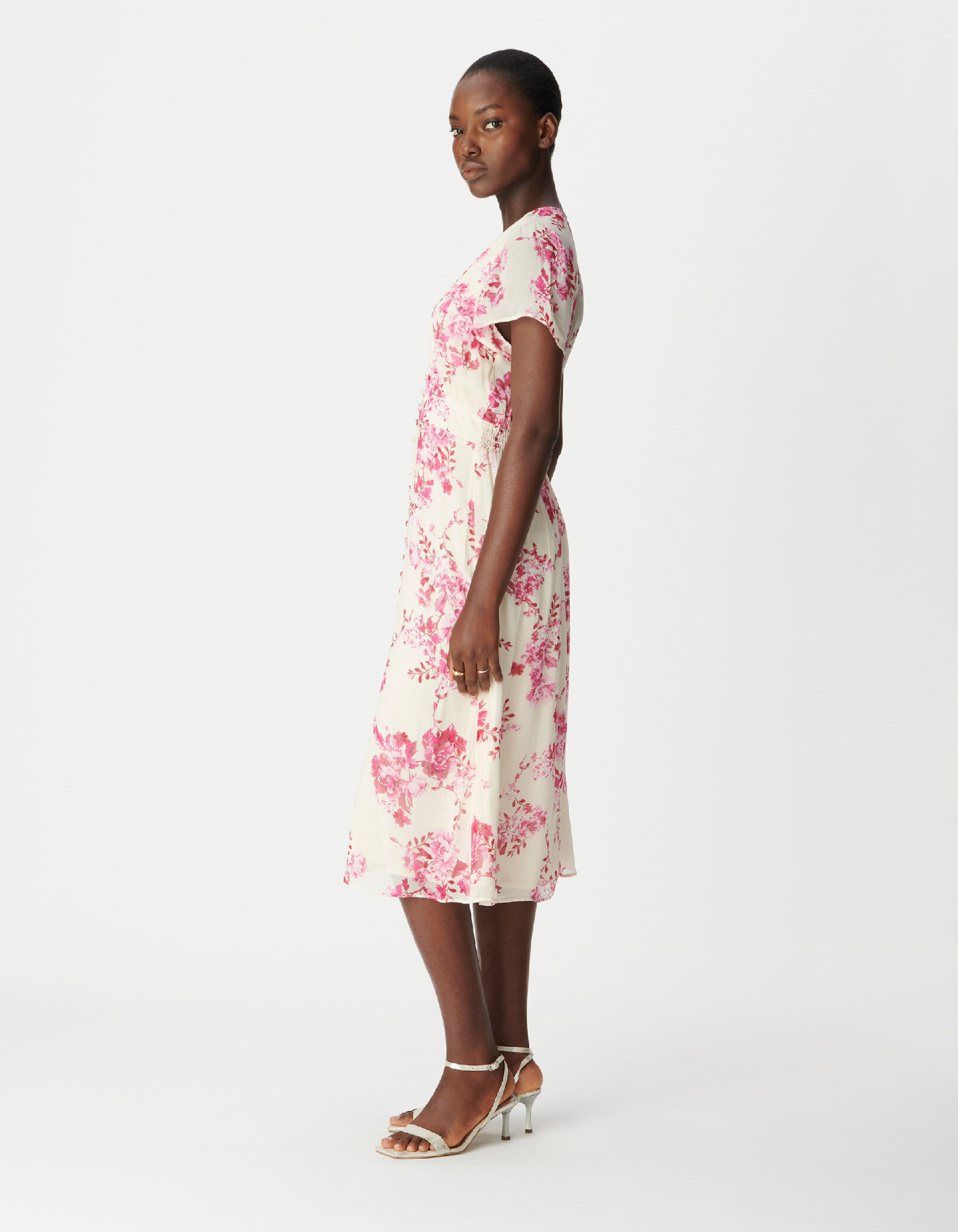 Robe midi écrue imprimé fleurs roses Femme