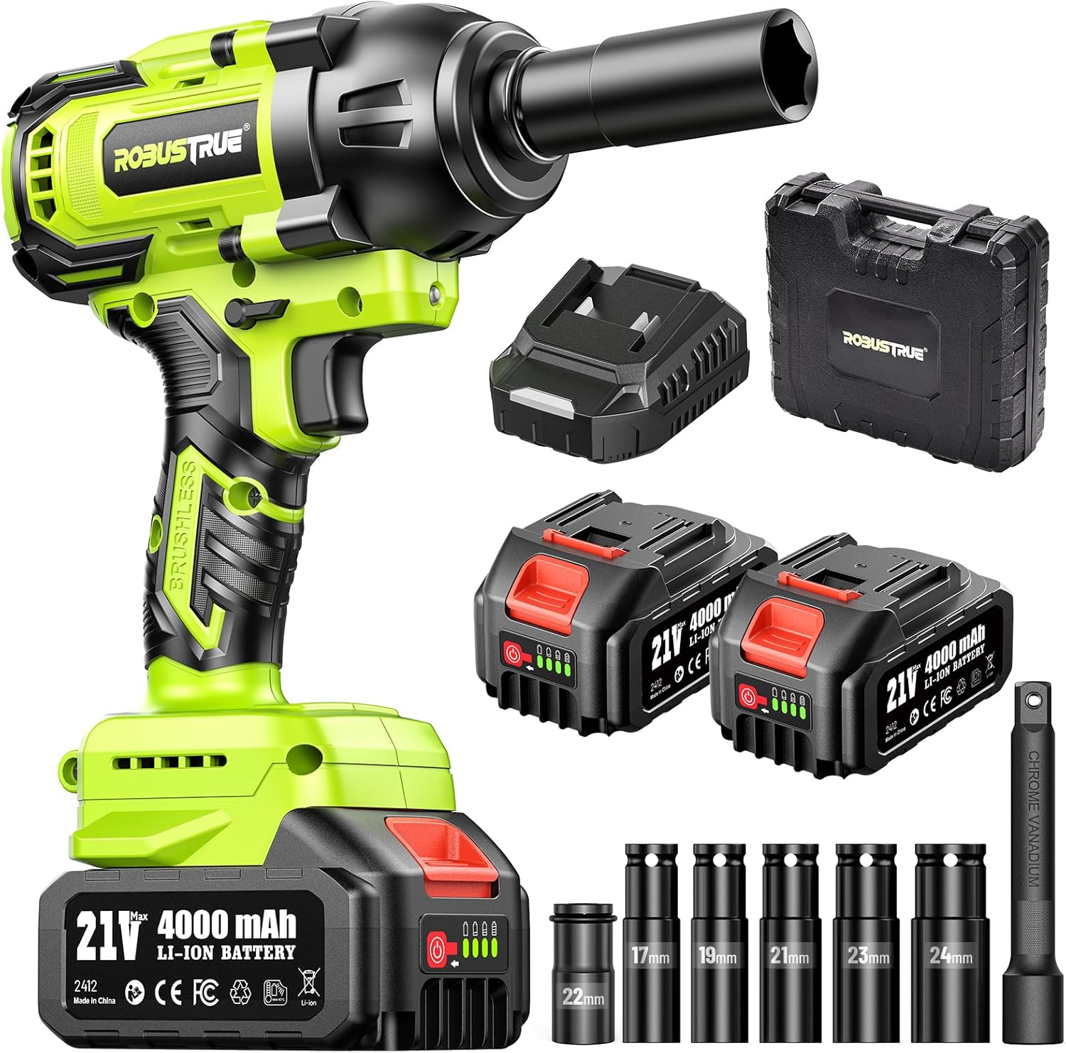 Robustrue Cordless Impact Wrench, 885Ft-lbs (1200N.m) 1/2 Brushless Impact Gun, 21V High Torque Power Impact Driver, 2x4.0Ah Batteries Electric Impact Motor Variable Speeds for Car/Truck RV/Mower