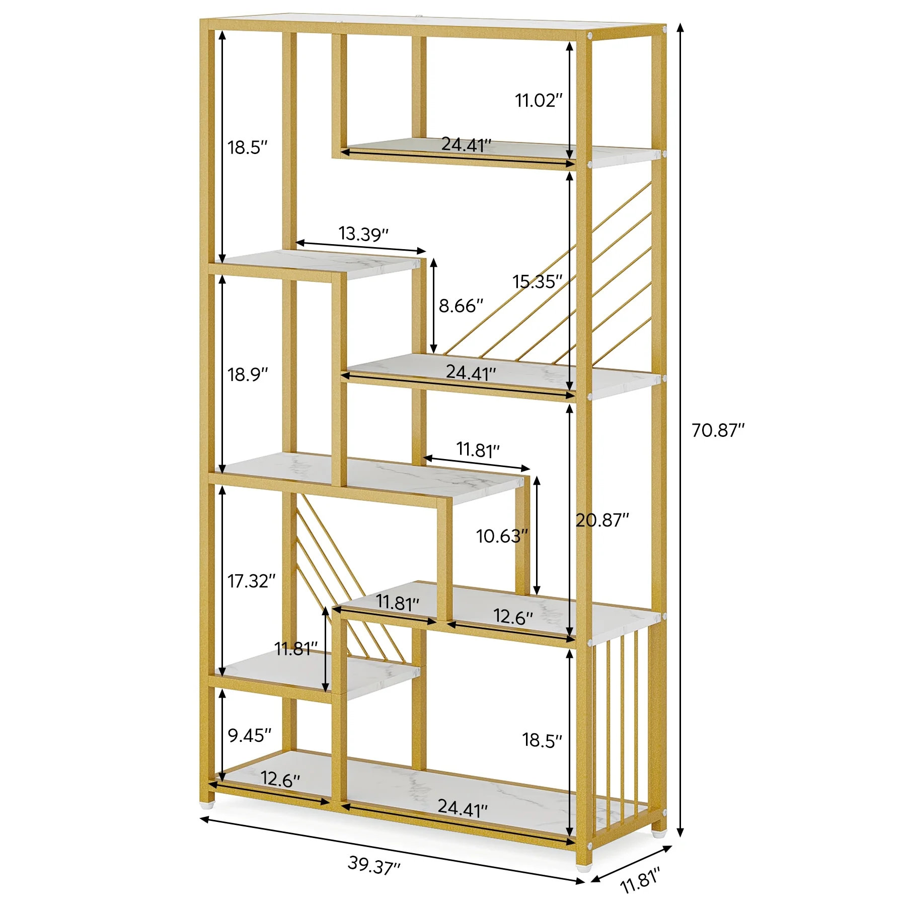 70.9 Inches Tall Etagere Bookcase, 8-Tier StaggeredBookshelf with Faux Marble Shelves, Modern Decorative Shelf for Home Office