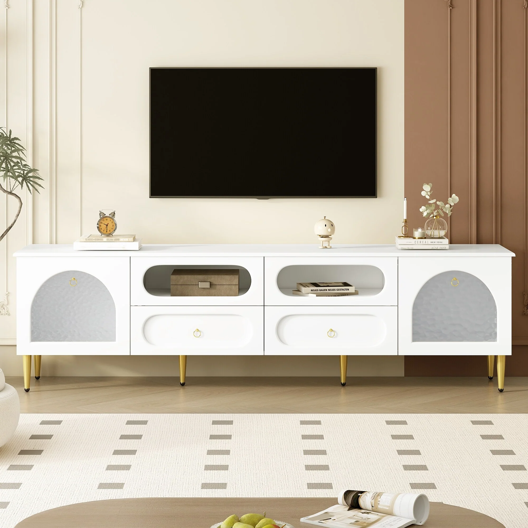 Retro TV Stand for TV up to 85 Inches with 2 Cabinets, 4 Drawers & Metal Legs - 78.8 D x 15.8 W x 22.4 H