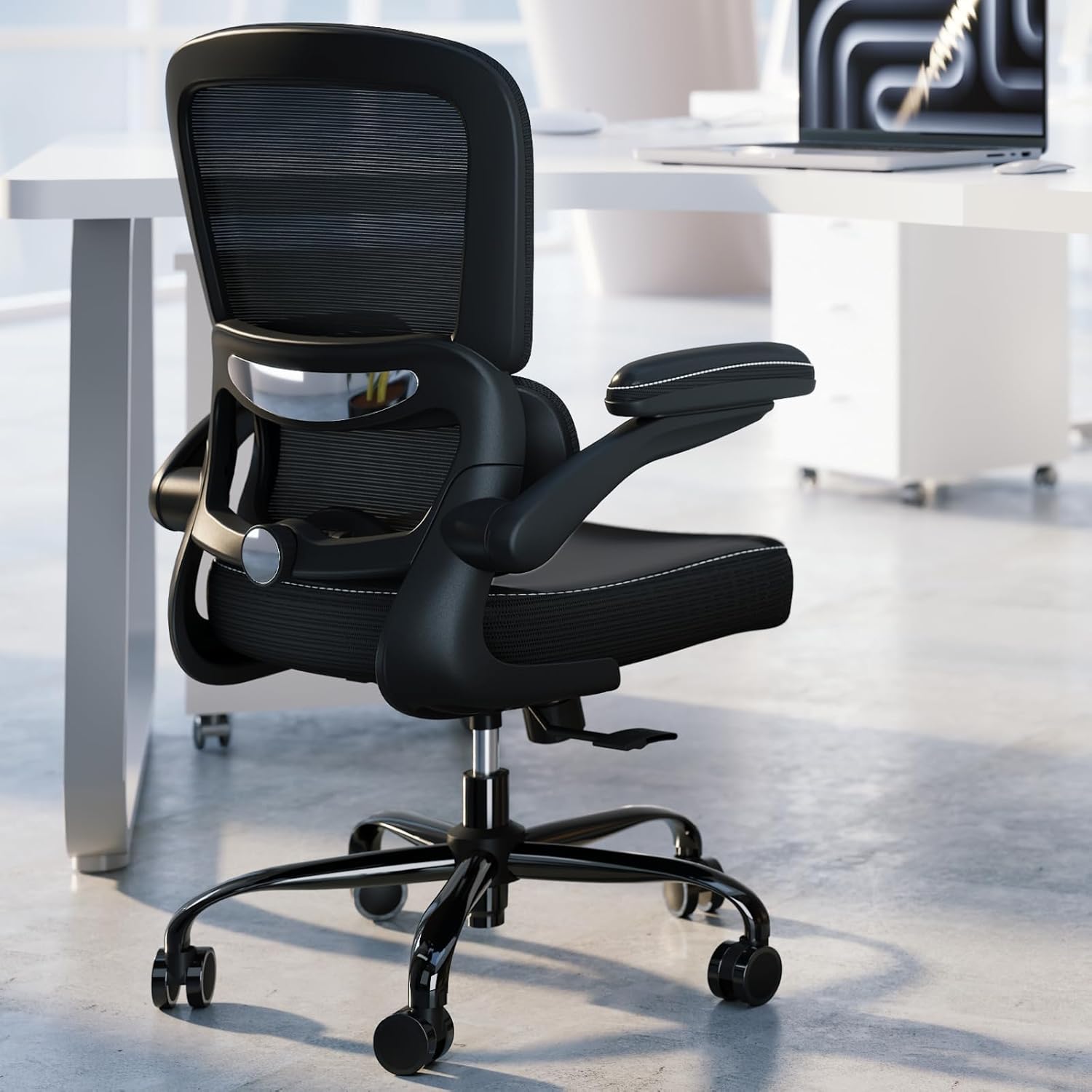 TRALT Ergonomic Office Chair - Desk Chair with Adjustable Lumbar Support Computer Chair - Mesh Comfy Chair with Flip-up Armrests - Gaming Chairs for Adults Home Office (Leather, Black)