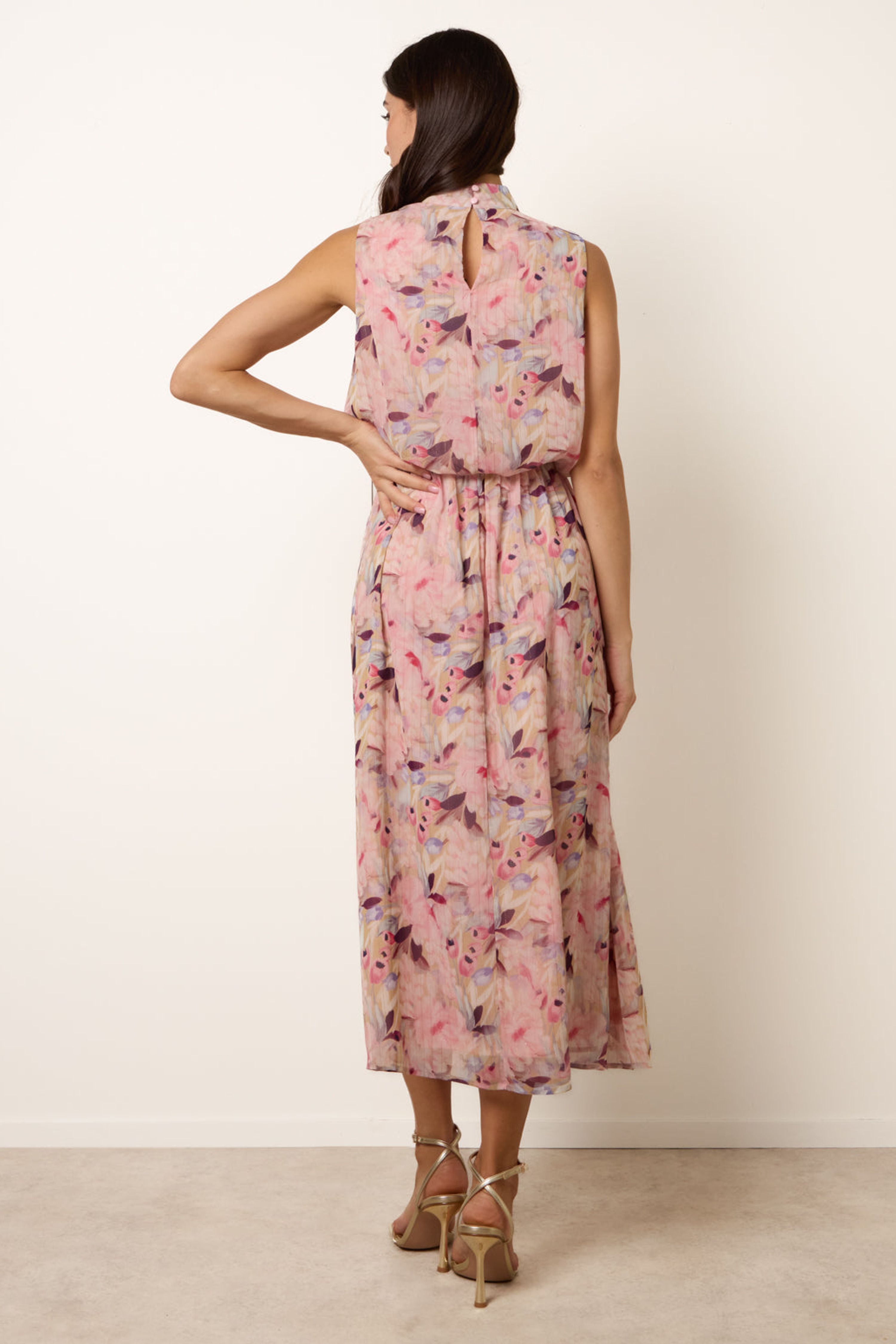 Blue Vanilla Pink Watercolour Printed Sleeveless Midi Dress