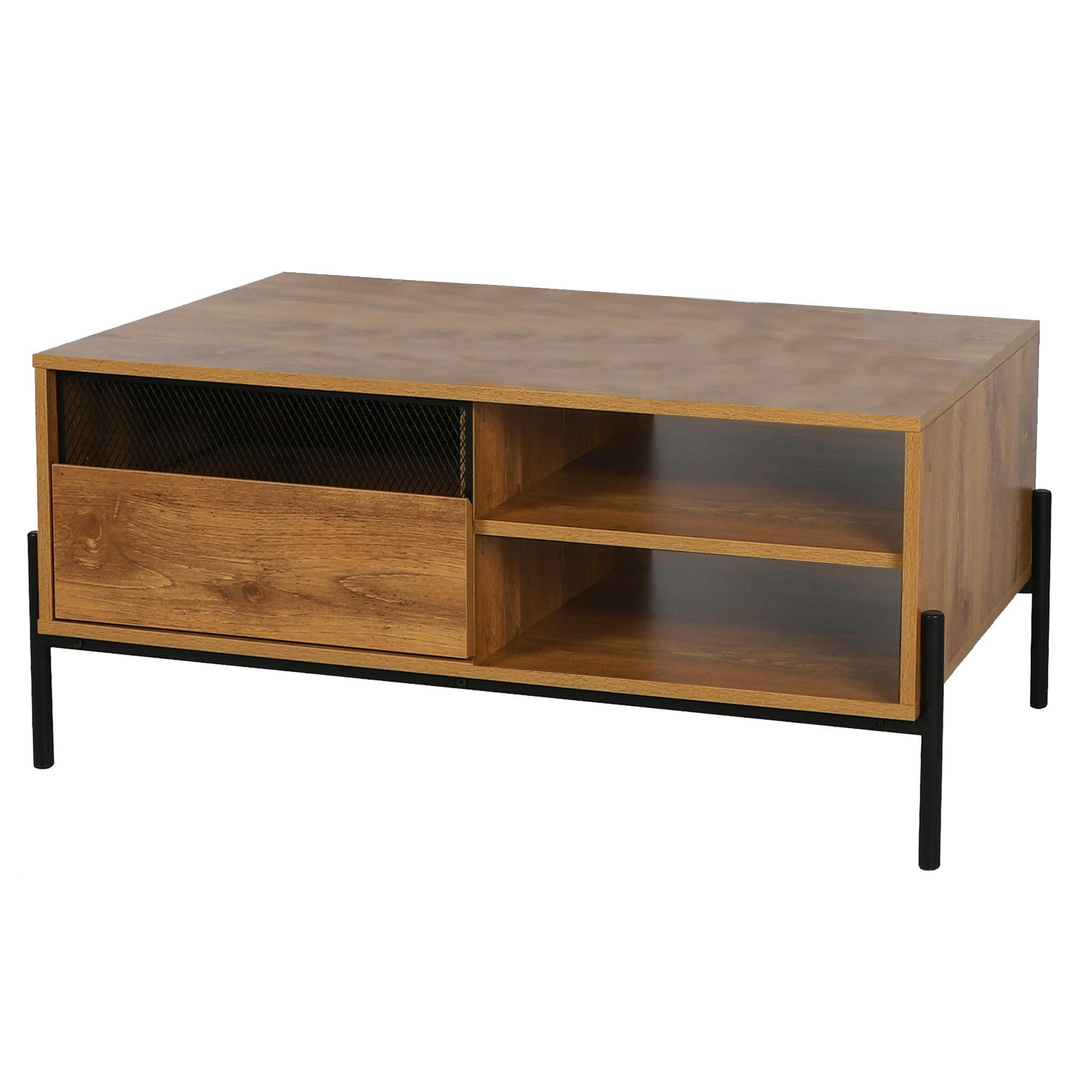 - Table basse bois et métal noir étagères et placard 100x55x45cm