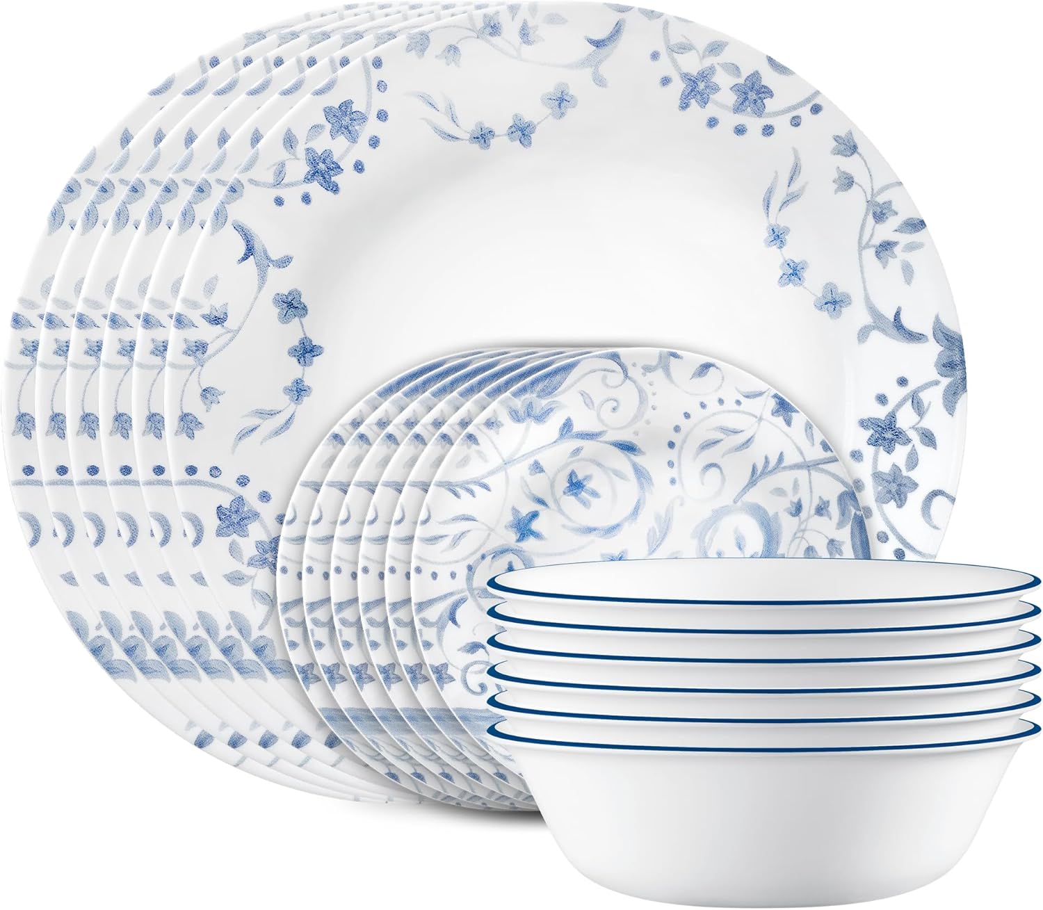 Corelle Vitrelle 18-Piece Service for 6 Dinnerware Set, Triple Layer Glass and Chip Resistant, Lightweight Round Plates and Bowls Set, Darlington
