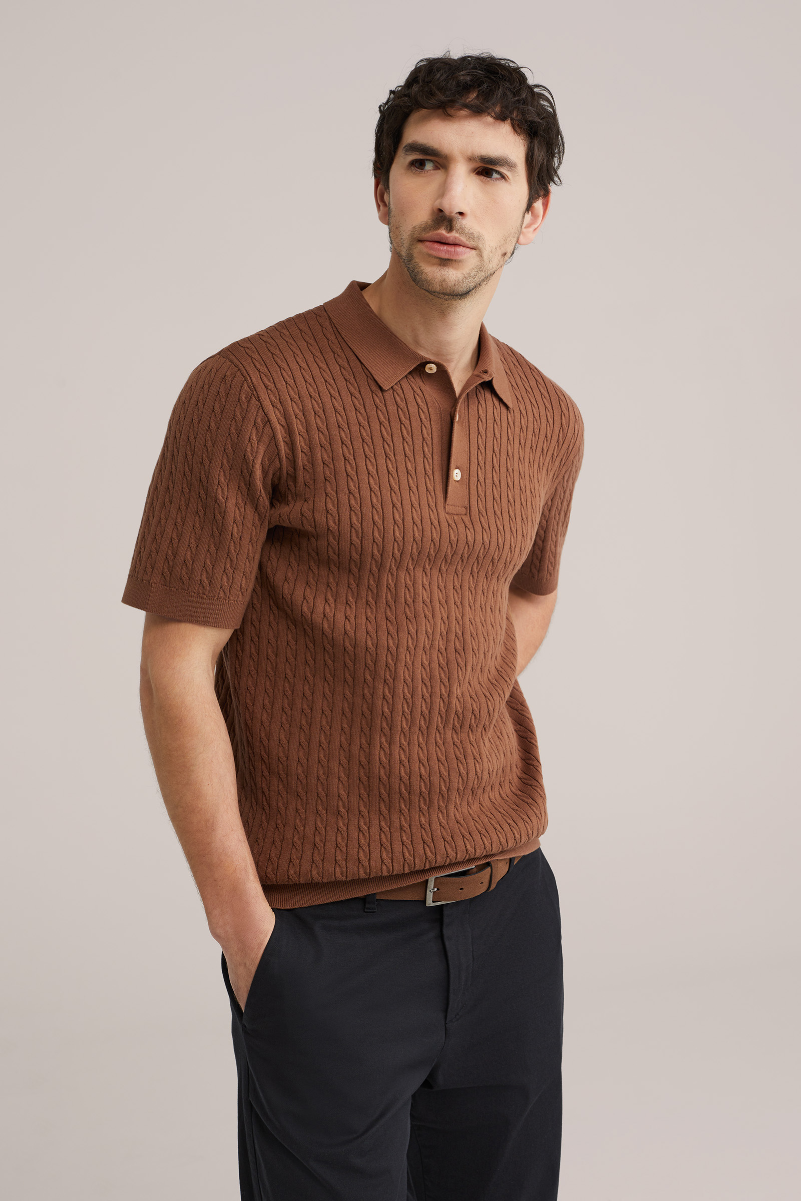 Heren regular fit gebreide polo met structuur