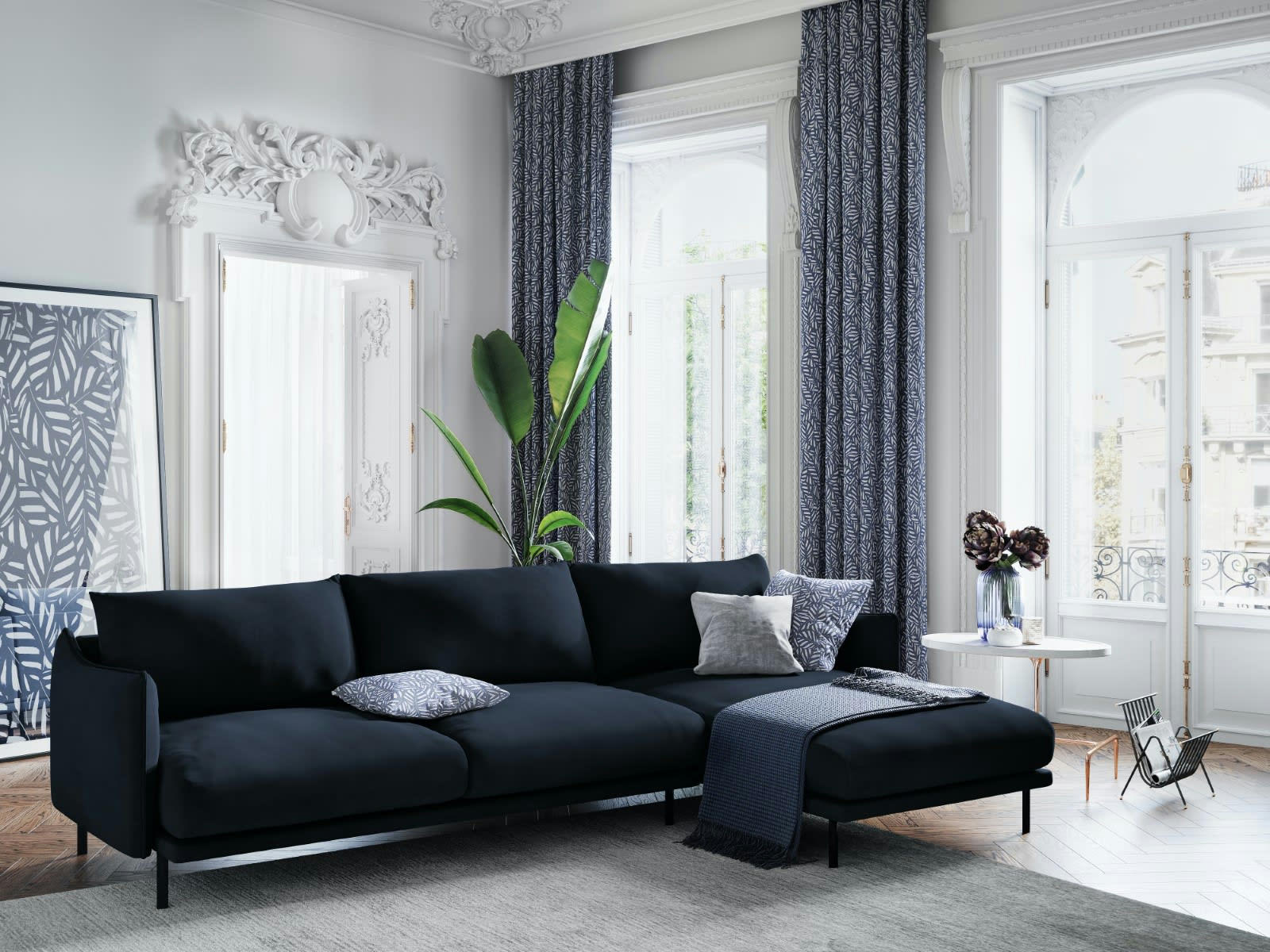 PARIS - Canapé D'Angle Droit 5 places en Velours Bleu Foncé