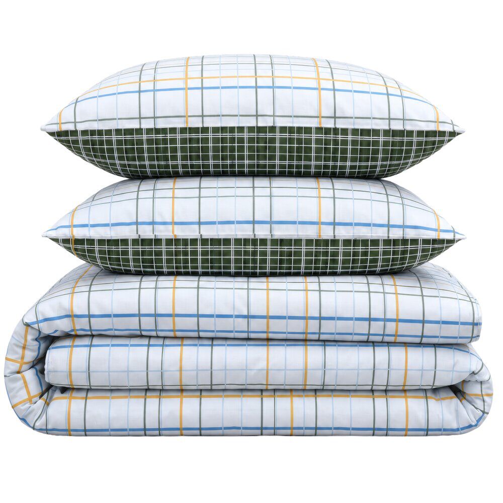 Parure de lit 2 personnes 220x240cm 2 taies 63x63cm coton carreaux blanc et vert