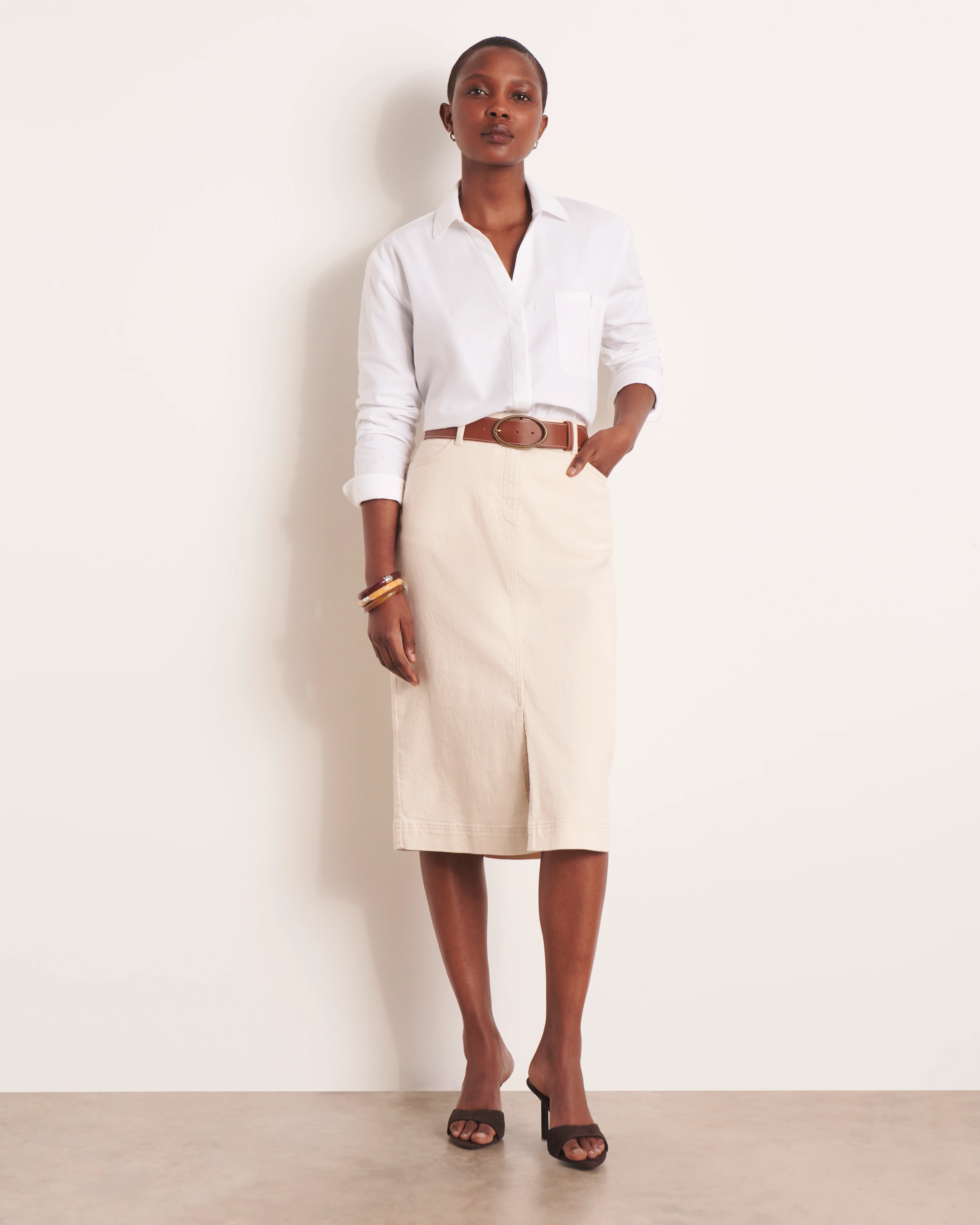 Jupe droite beige longueur genou JERINE/13245/007