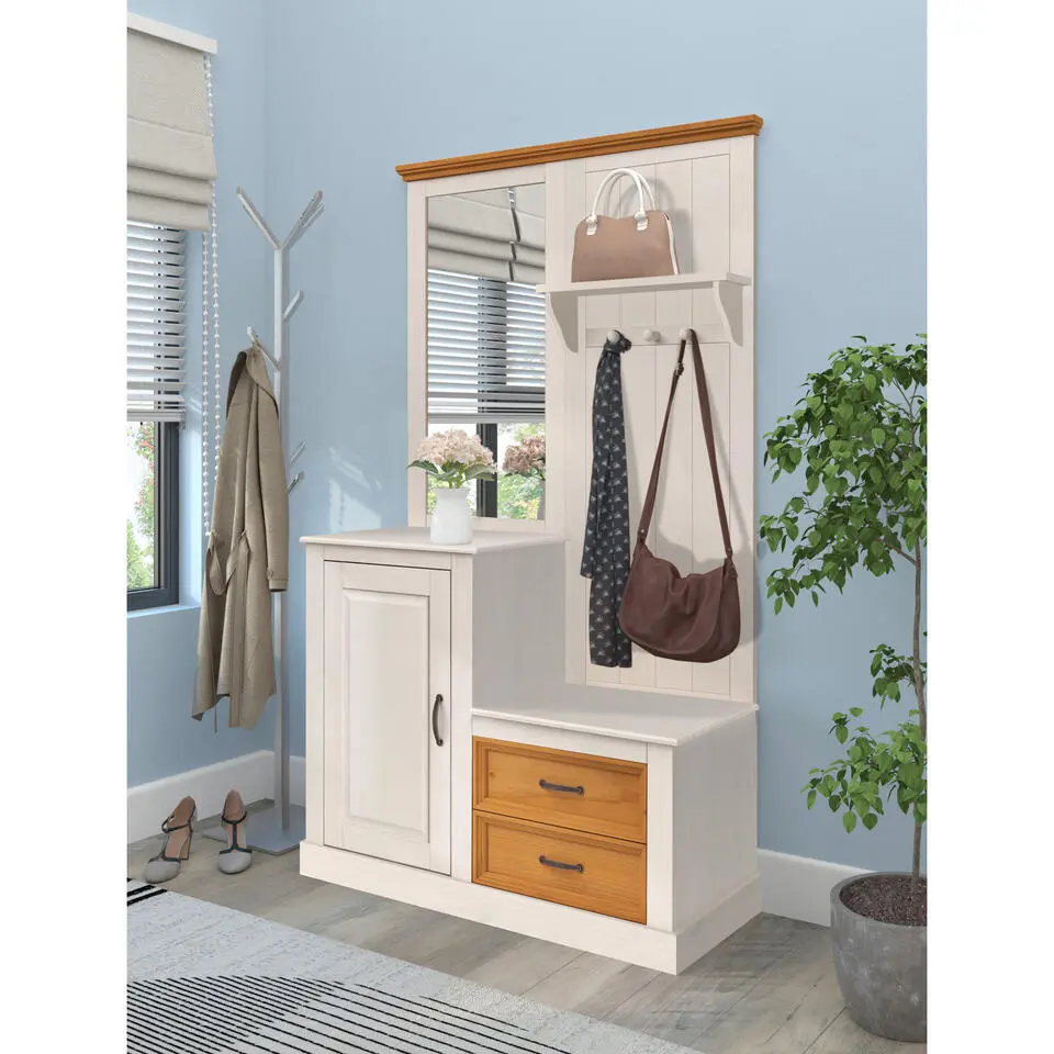 Selma - Garderobe met spiegel en 1 deur 2 lades in wit grenen