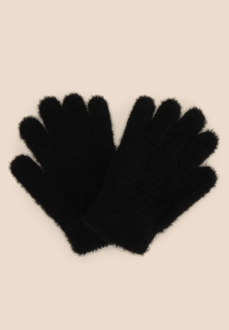 Older Girls Black Eyelash Knit Gloves