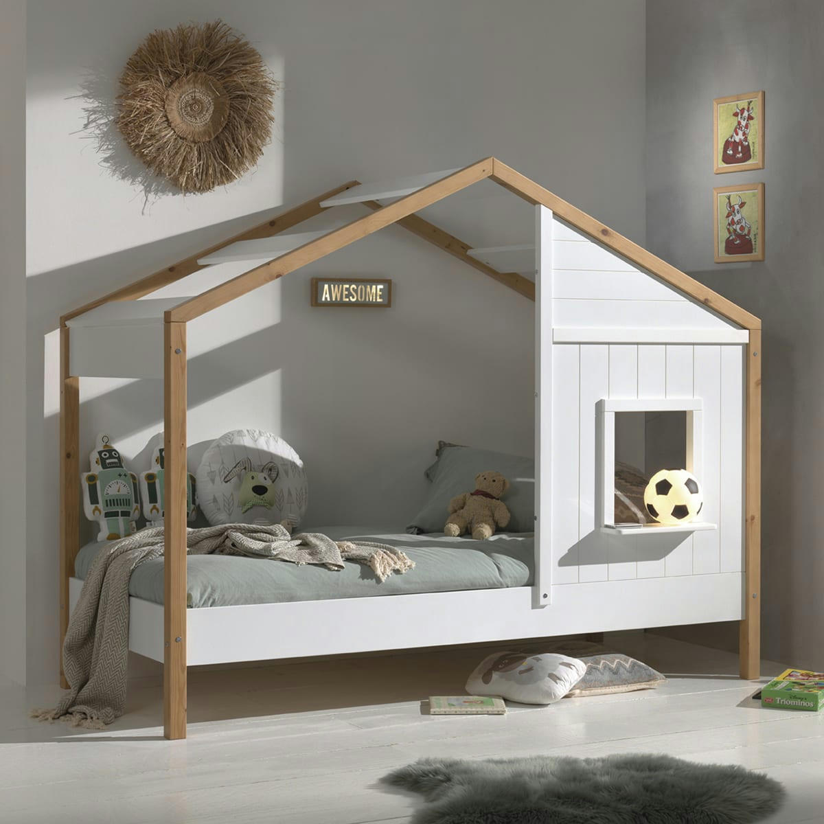 LIT - Lit cabane 90x200 sommier inclus 1 fenêtre blanc naturel