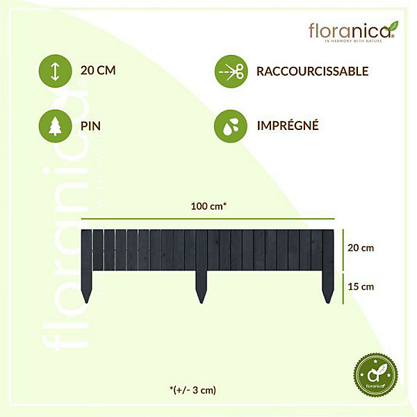 Floranica Bordure flexible de parterre Imprégnée 100 x 20 cm Anthracite (raccourcissable) Clôture en bois en pin Palissade