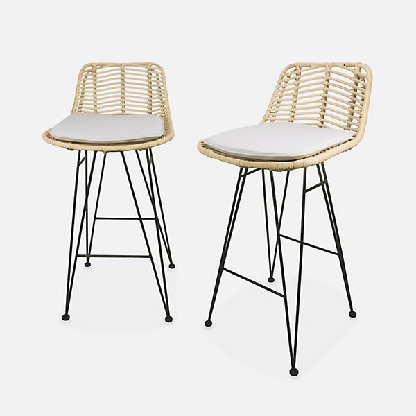 Lot de 2 tabourets de bar 67cm. métal et rotin. assise beige - Cahya