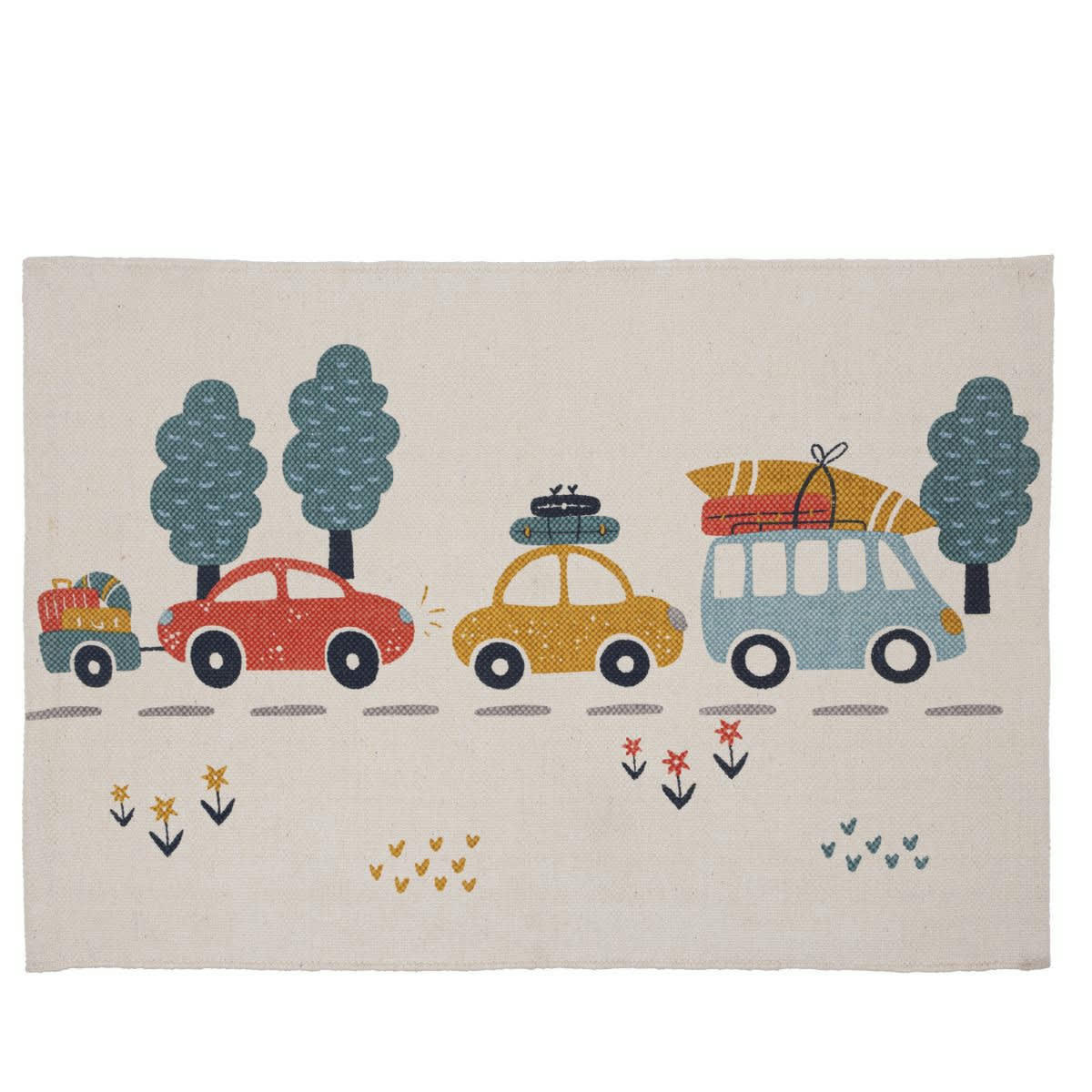 VEHICULES - Tapis enfant en canva imprimé blanc 60x90cm
