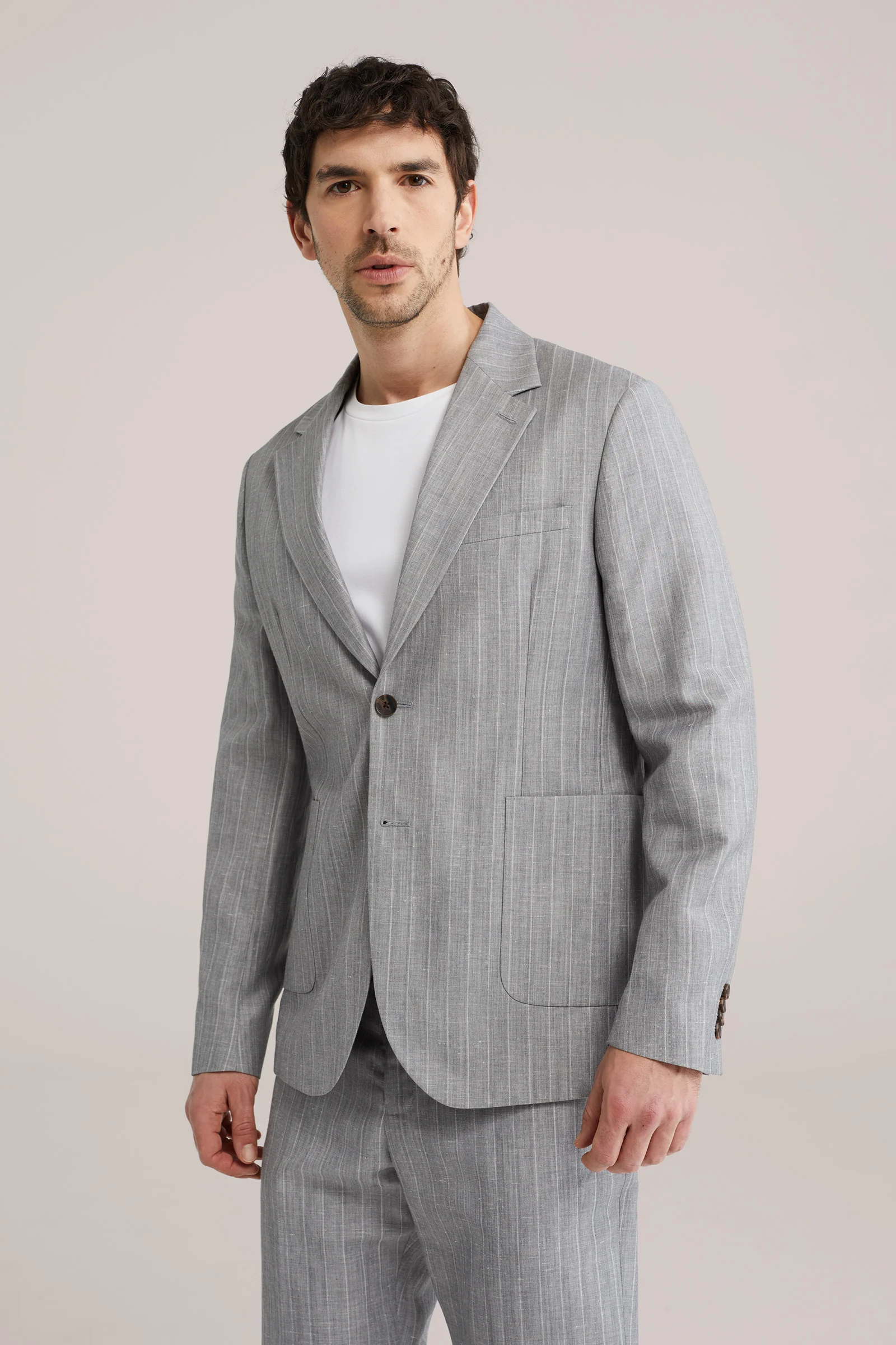 Heren slim fit blazer van linnenmix met krijtstreep