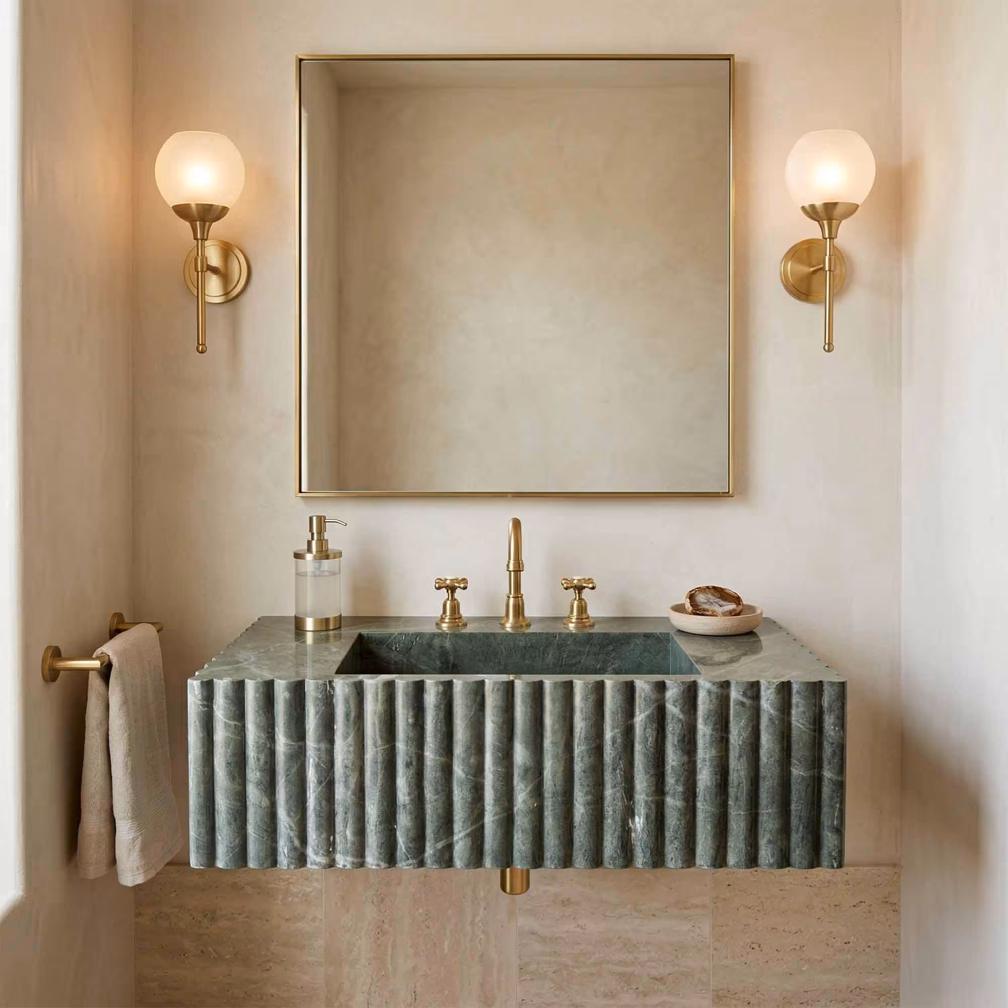 Hand Carved Green Marble Fluted Sink, Integrated Stone Vanity Basin