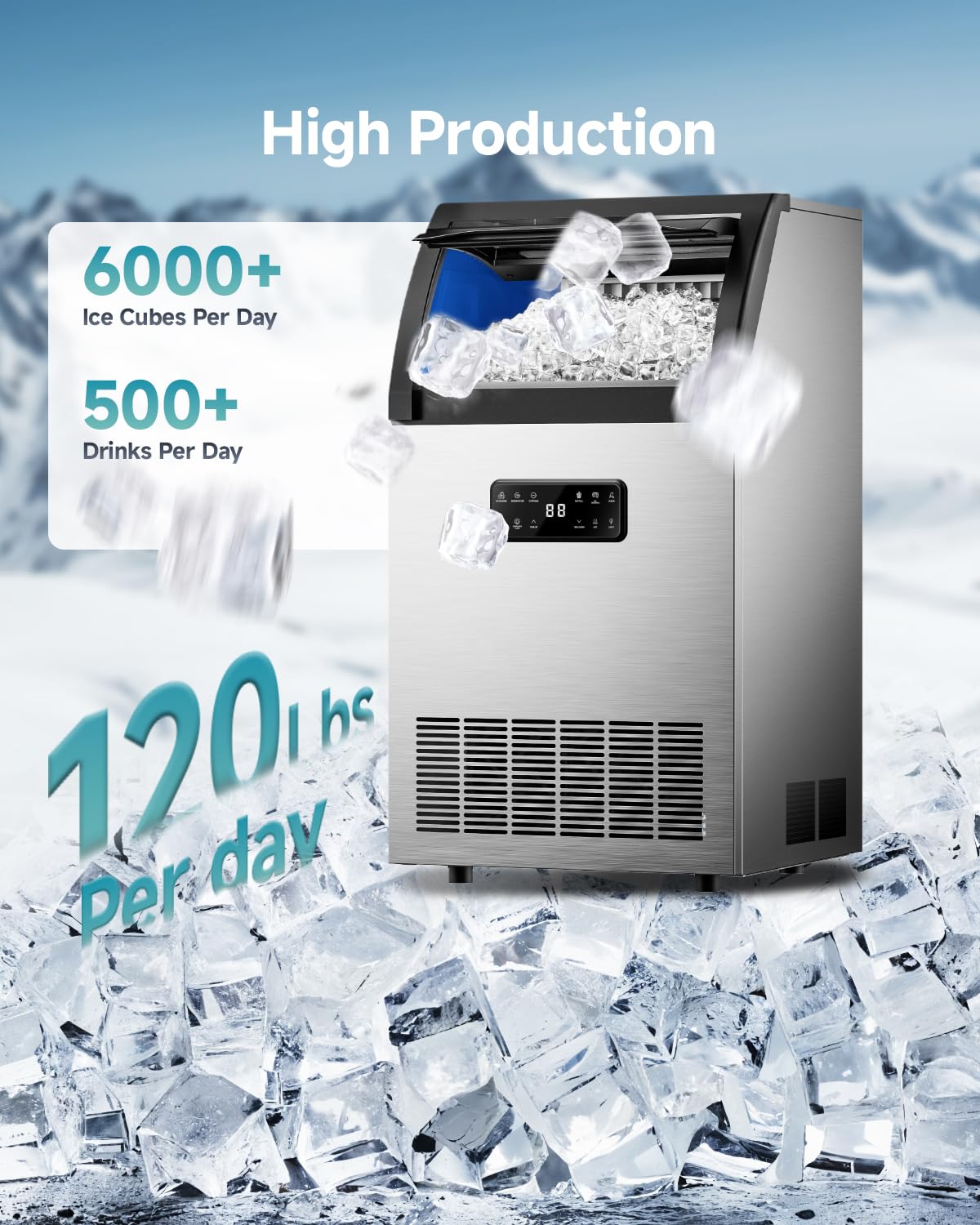 EUHOMY Commercial Ice Maker,120lbs/24H,Stainless Steel Under Counter Ice Machine with Water Filter,33lbs Storage Bin, 45 Cubes in 8-12 Mins, Freestanding Ice Cube Maker for Home/Bar/Cafe/Restaurant