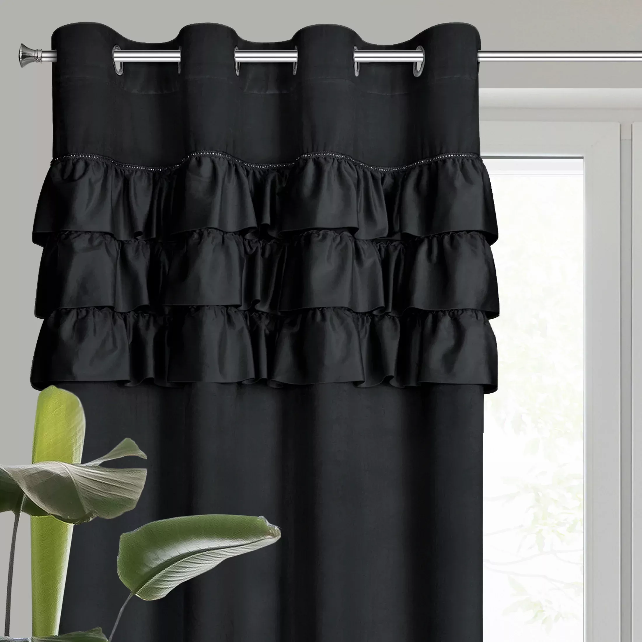 Zasłona welwetowa czarna zdobiona falbanami z 140x250 cm przelotka - SAMI