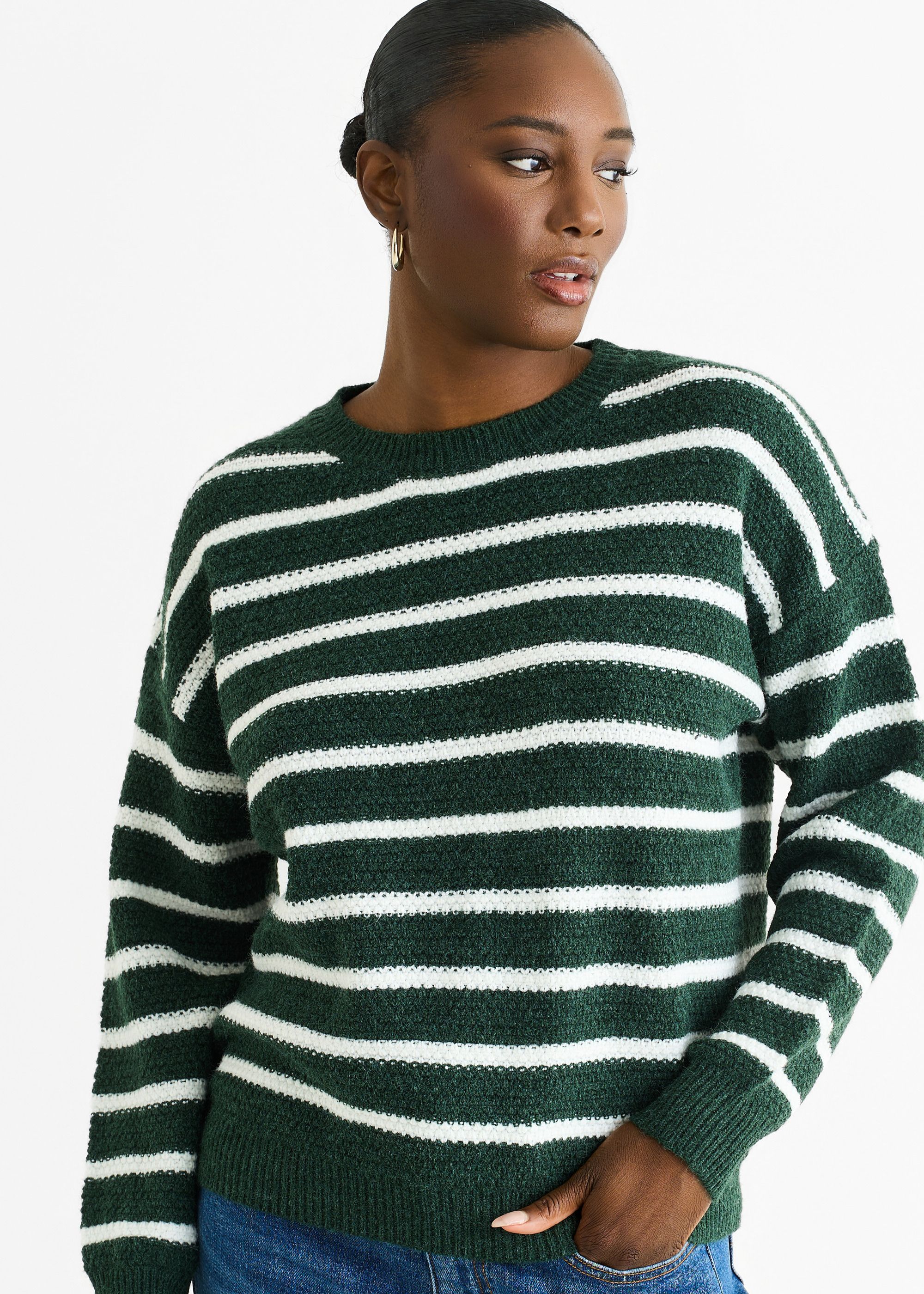 Gini London Green Stripe Chunky Knit Oversized Jumper