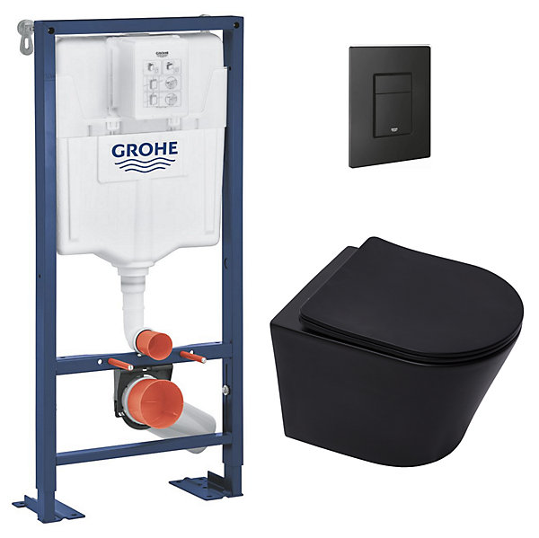 Grohe Pack WC Bâti Solido   WC sans bride SAT Noir mat   Abattant frein de chute   Plaque noir mat
