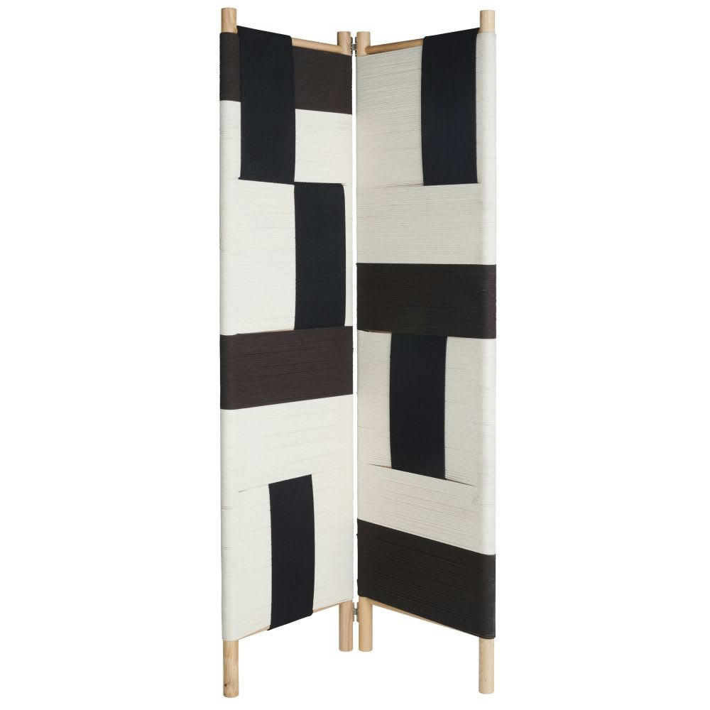 - Paravent en bois frêne et corde beige, jaune moutarde et gris anthracite