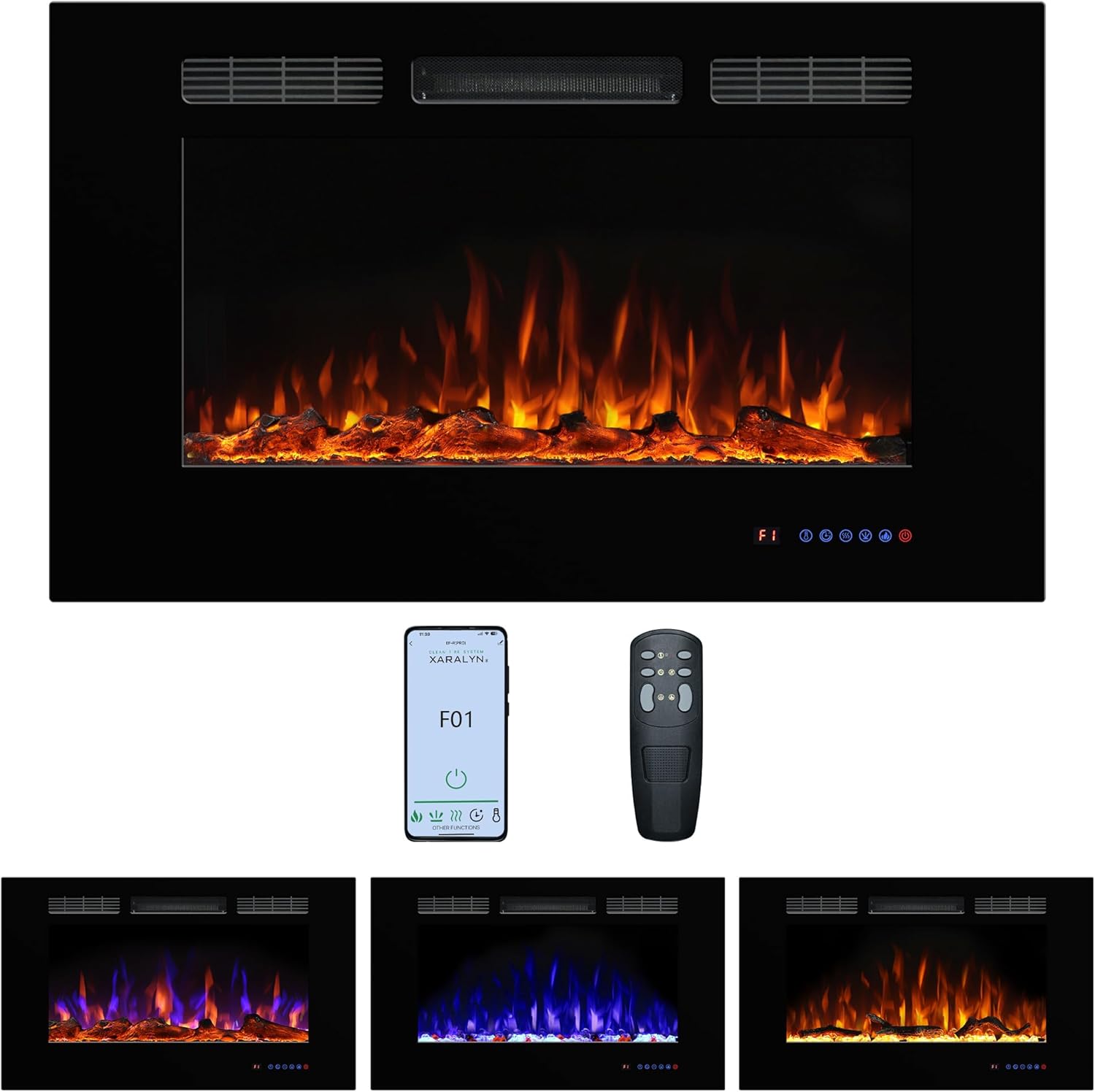 Electric Fireplace 40 inch Wide 26.5 High, Wall-Mounted & Recessed Fireplace Inserts, Multicolor Flame w/5 Dimmer, Remote Control Thermostat, Timer, Hardwire Connect, 1500W,Black