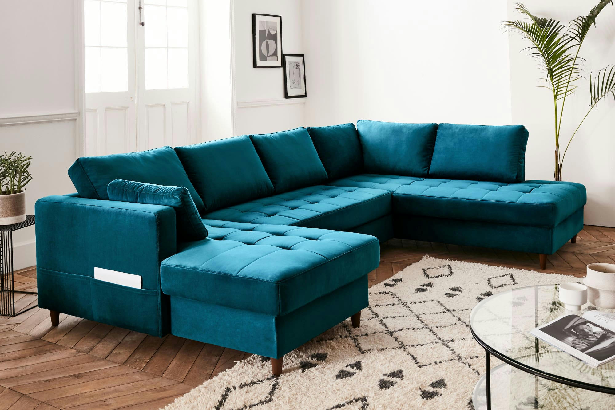 ANNA - Canapé panoramique 7 places angle droit en velours bleu canard