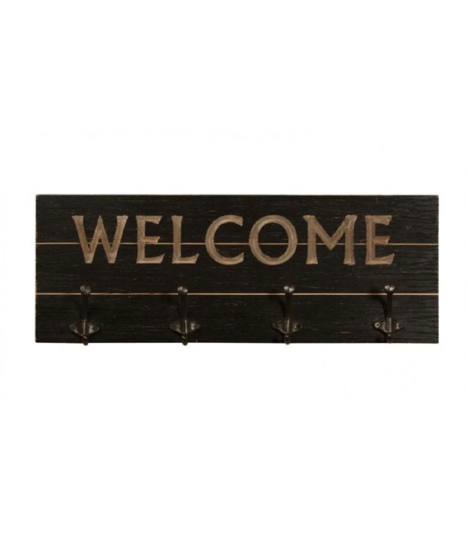 WELCOME - Portemanteau mural bois noir 4 accroches L61cm