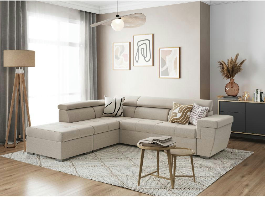 INAYA - Canapé d'angle gauche 5 places convertible en tissu - Beige