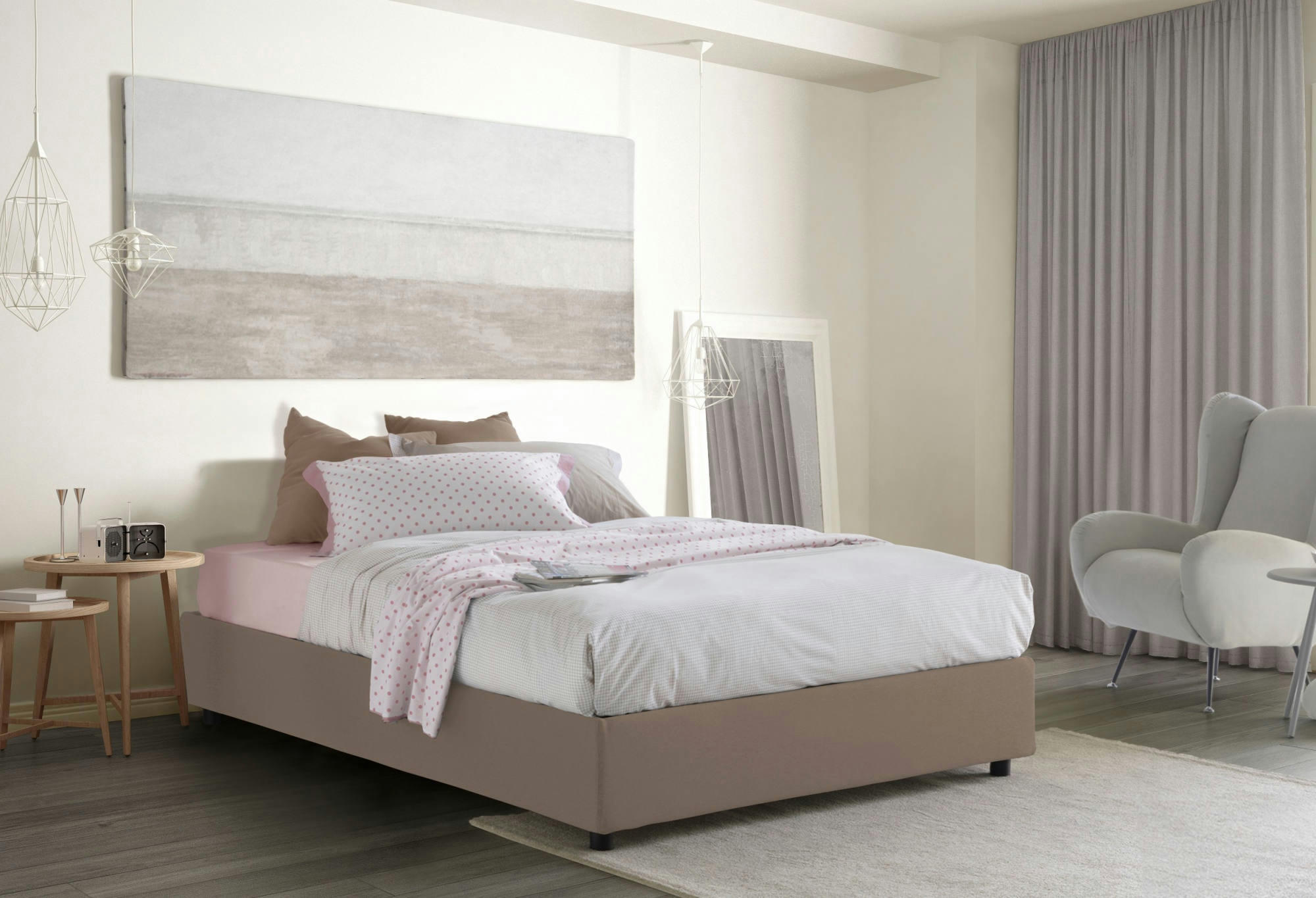 ADELE - Lit coffre 140x190 cm en tissu gris taupe