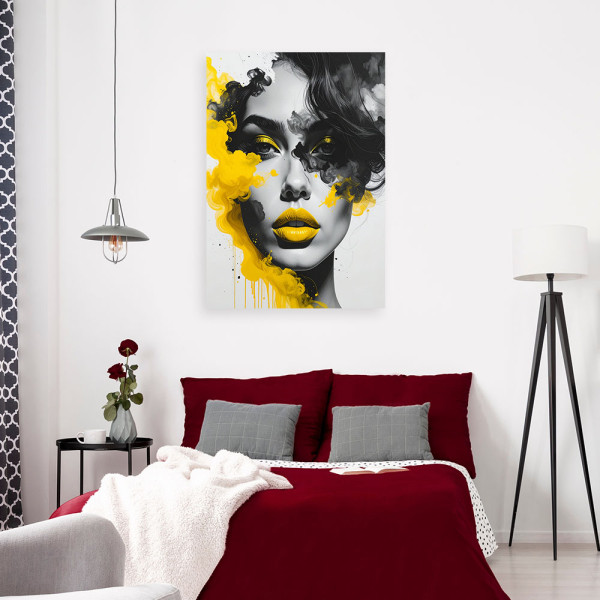 Obraz do salonu sypialni biura, Portret kobiety z elementami żóltego 20x30
