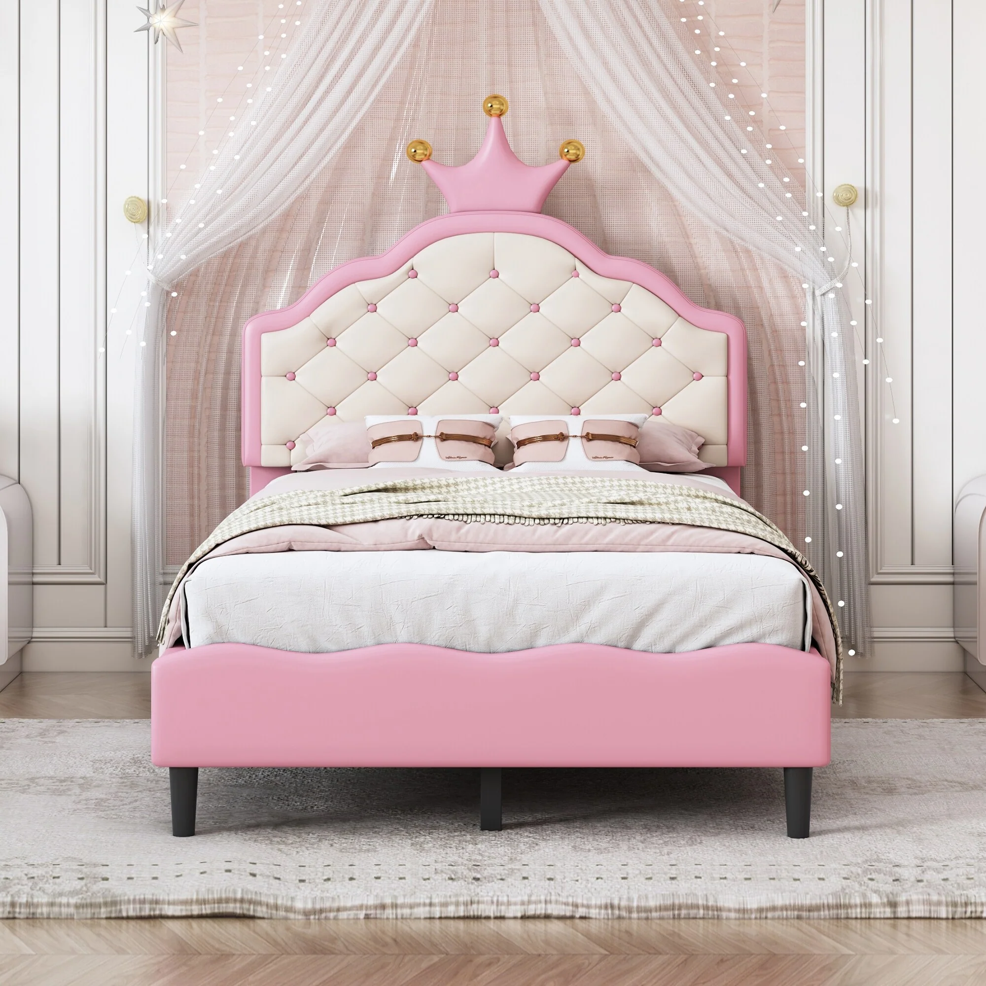 Twin Size PU Leather Princess Bed with Crown-Shaped Tufted Headboard, Pink and Cream Upholstered Kids Bed