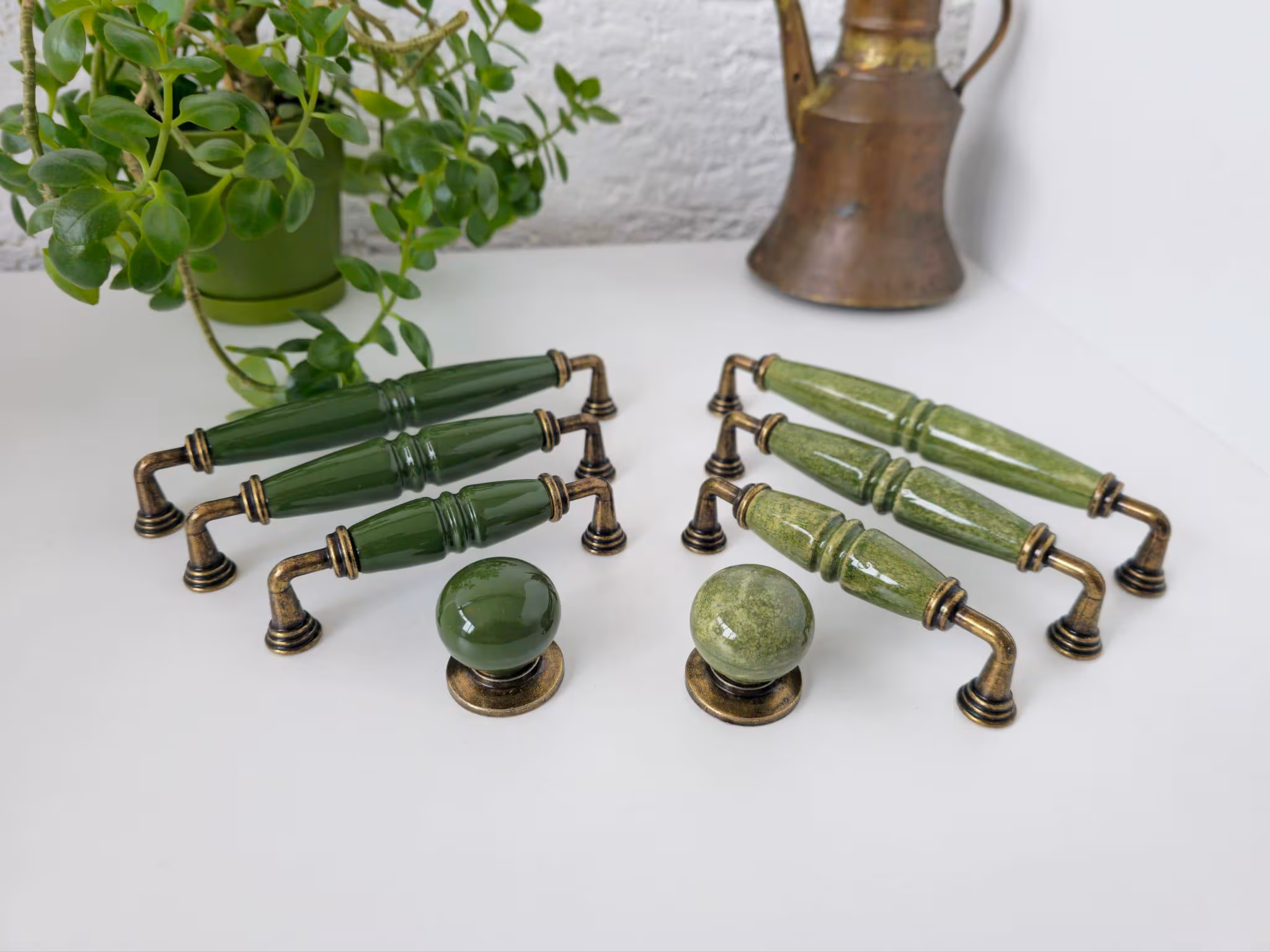 Green Porcelain Handle and Knob: Vintage Green Pull in Antique Bronze
