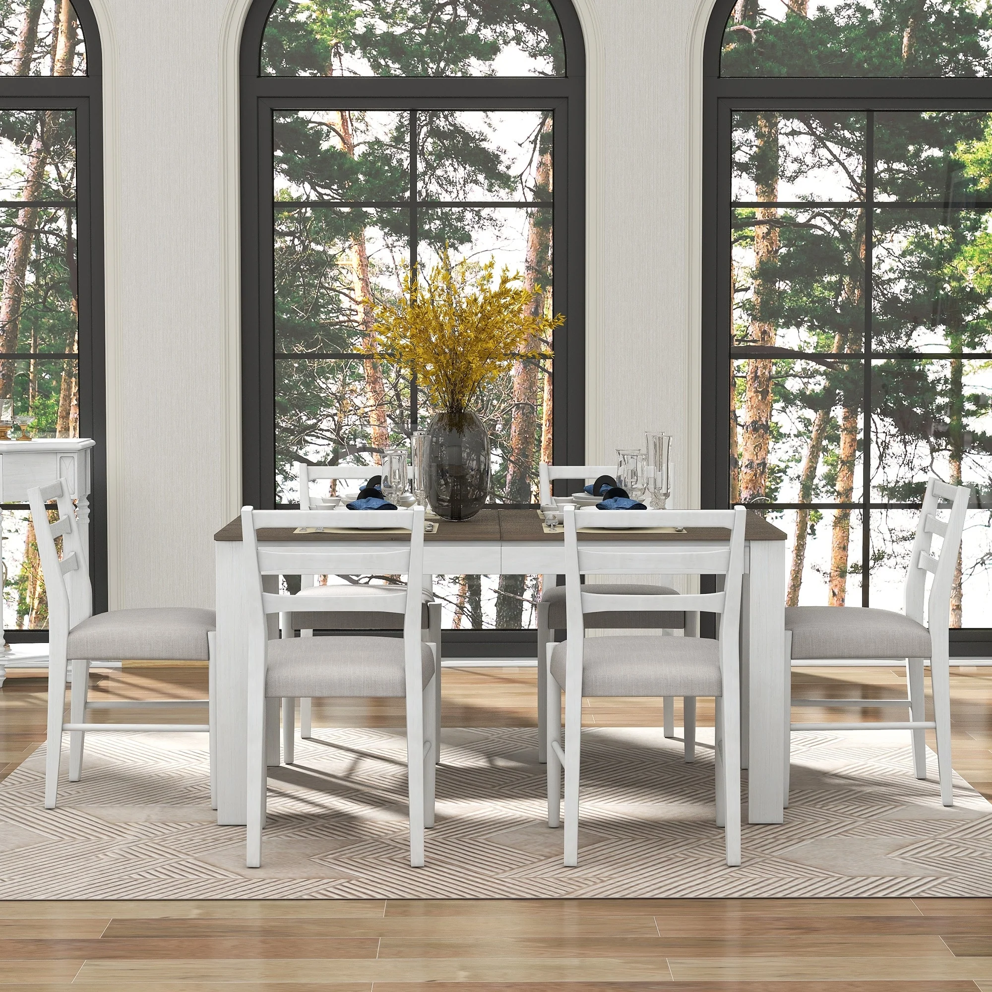 7-Piece Wooden Dining Table Set with 6 Chairs & Extendable Table