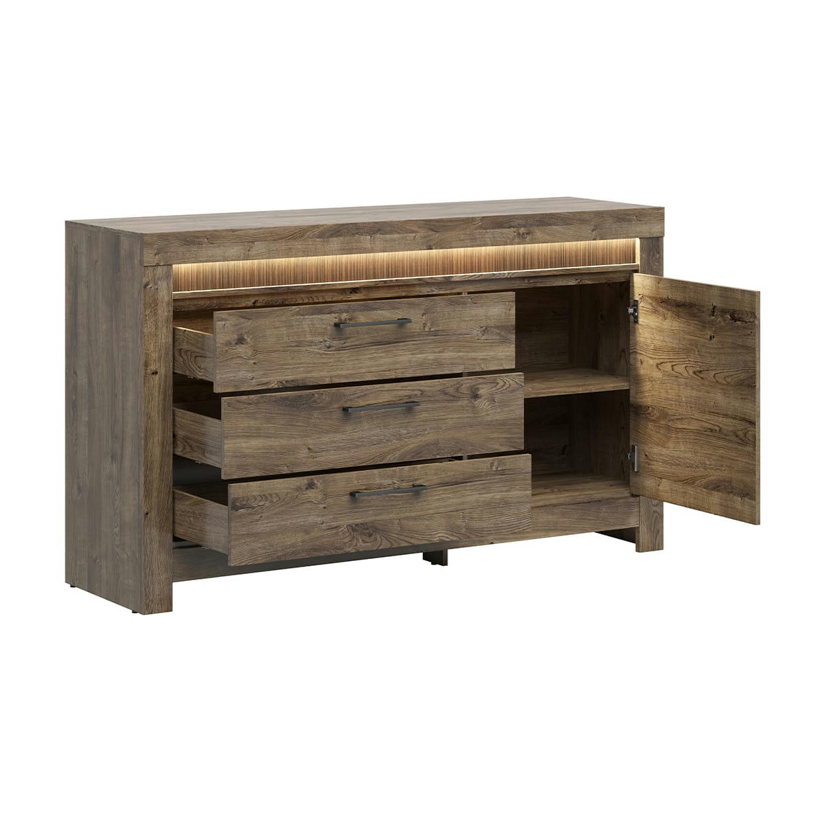 - Buffet 1 porte 3 tiroirs LED inclus panneaux mdf naturel