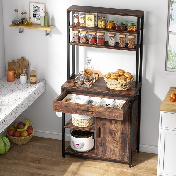 6 Tier Bakers Racks for Kitchens with Drawer & Cabinet, Microwave Oven Stand
