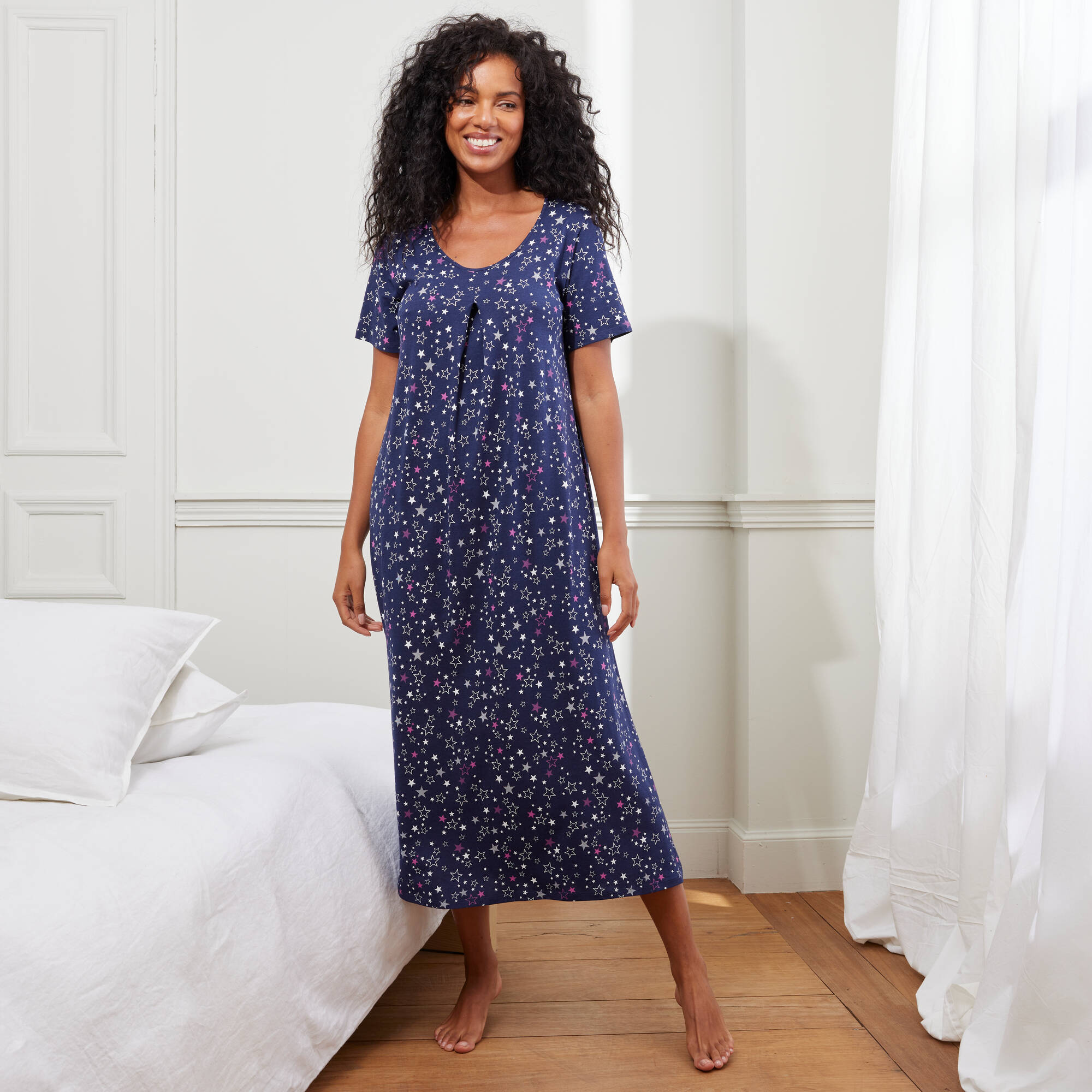 Chemise de nuit longue imprimée manches courtes