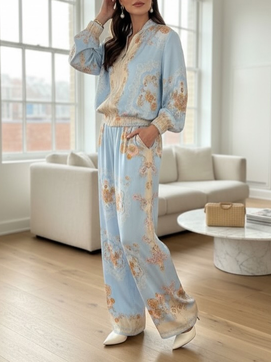 Retro Paisley Print Wide-Leg Pants