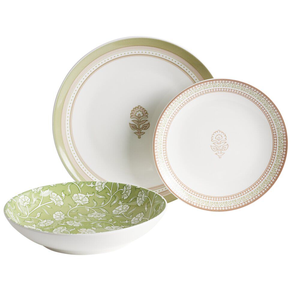 Service vaisselle porcelaine 4 personnes 12 pièces motif floral vert et beige