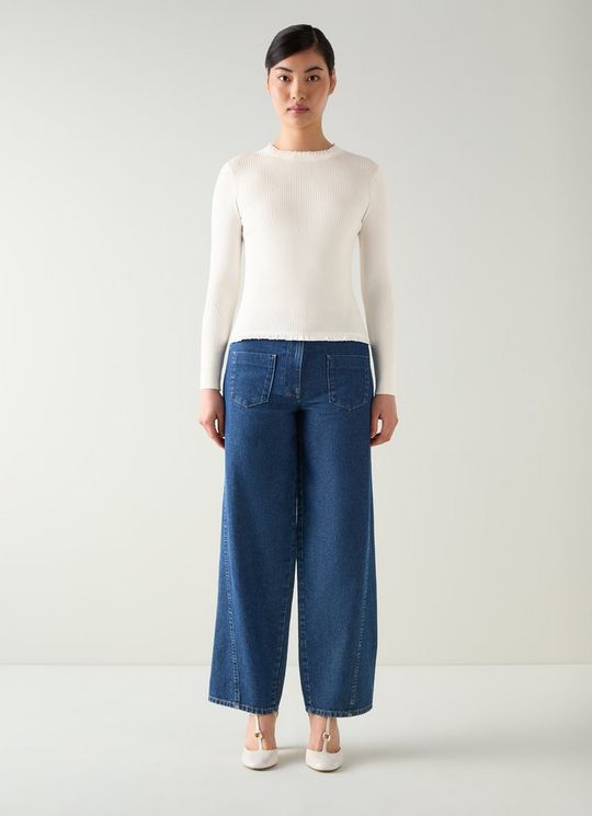 Emilia Ivory Ribbed Stretch Knit Top With Woven Trim