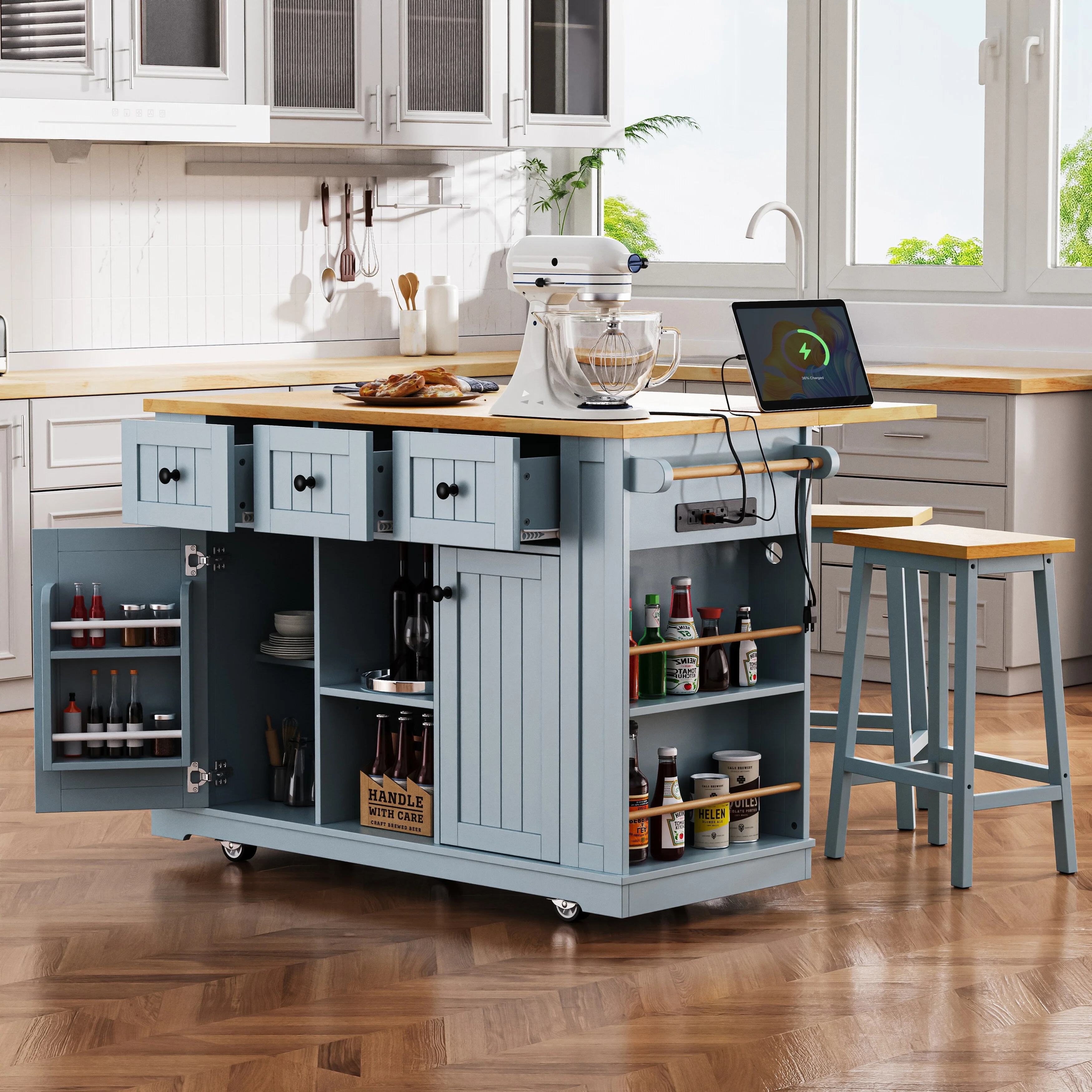 Kitchen Island on 5 Wheels with Drop Leaf, Rolling Island Cart with Power Outlet, Bar Cabinet with Internal Racks & 2 Bar Stools