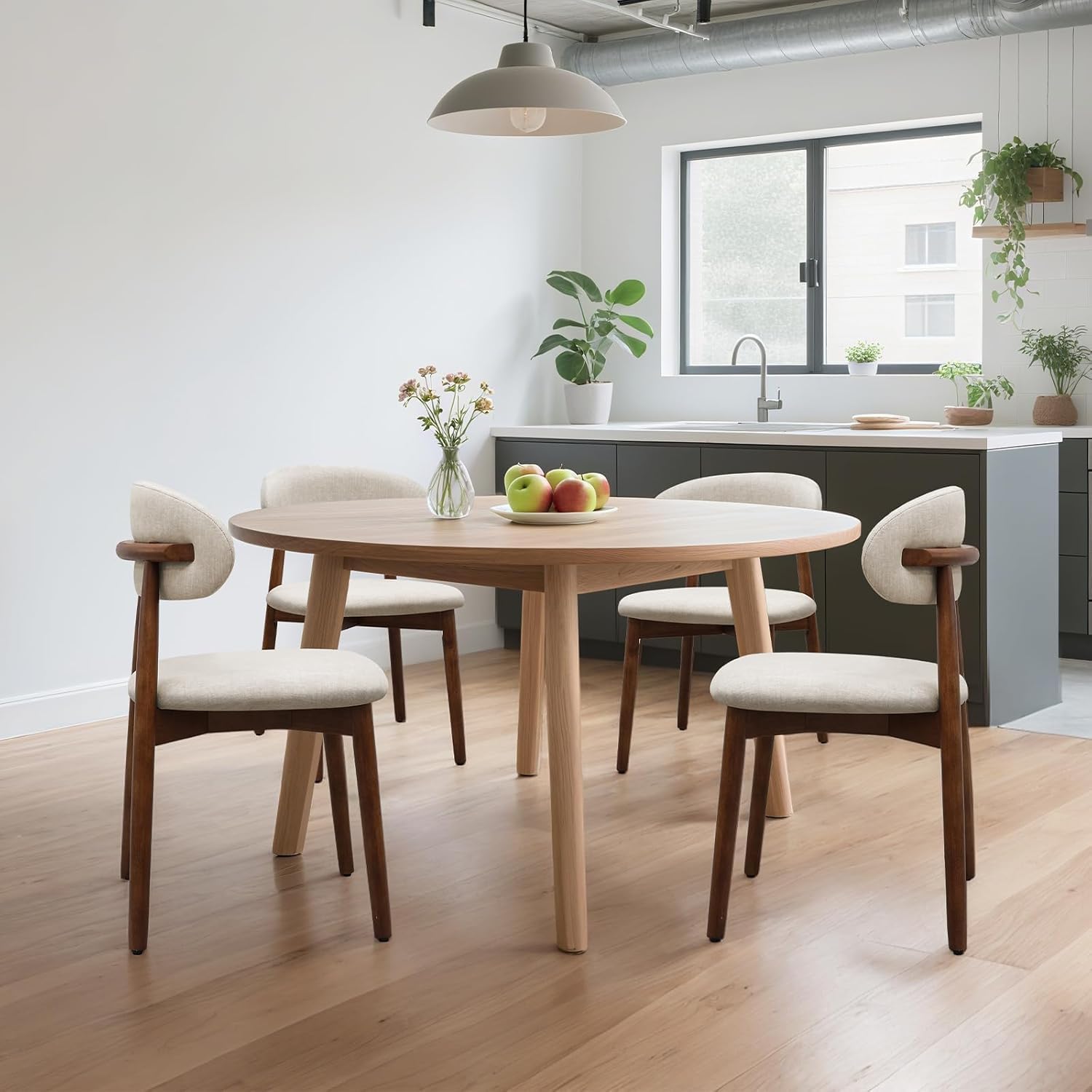 Farmhouse Dining Chairs Set of 4, Mid Century Modern Wooden Dining Room Chairs, Farmhouse Fabric Upholstered Kitchen Dinner Chairs for Living Room Restaurant Cafe, Walnut/Warm Grey
