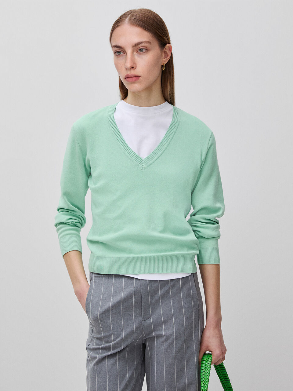 Sage green V-neck sweater in cotton tricot