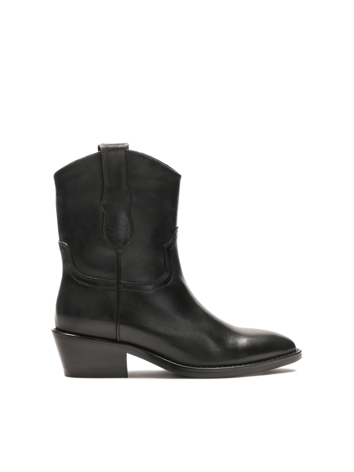 Black leather cowboy boots with slip-on upper