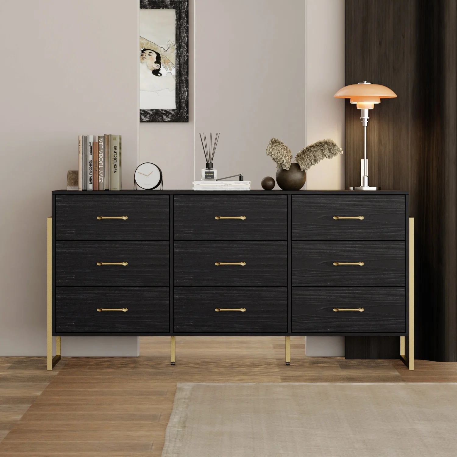 Elegant 9-Drawer Dresser with Gold Accents - Black Stripe Finish Chest
